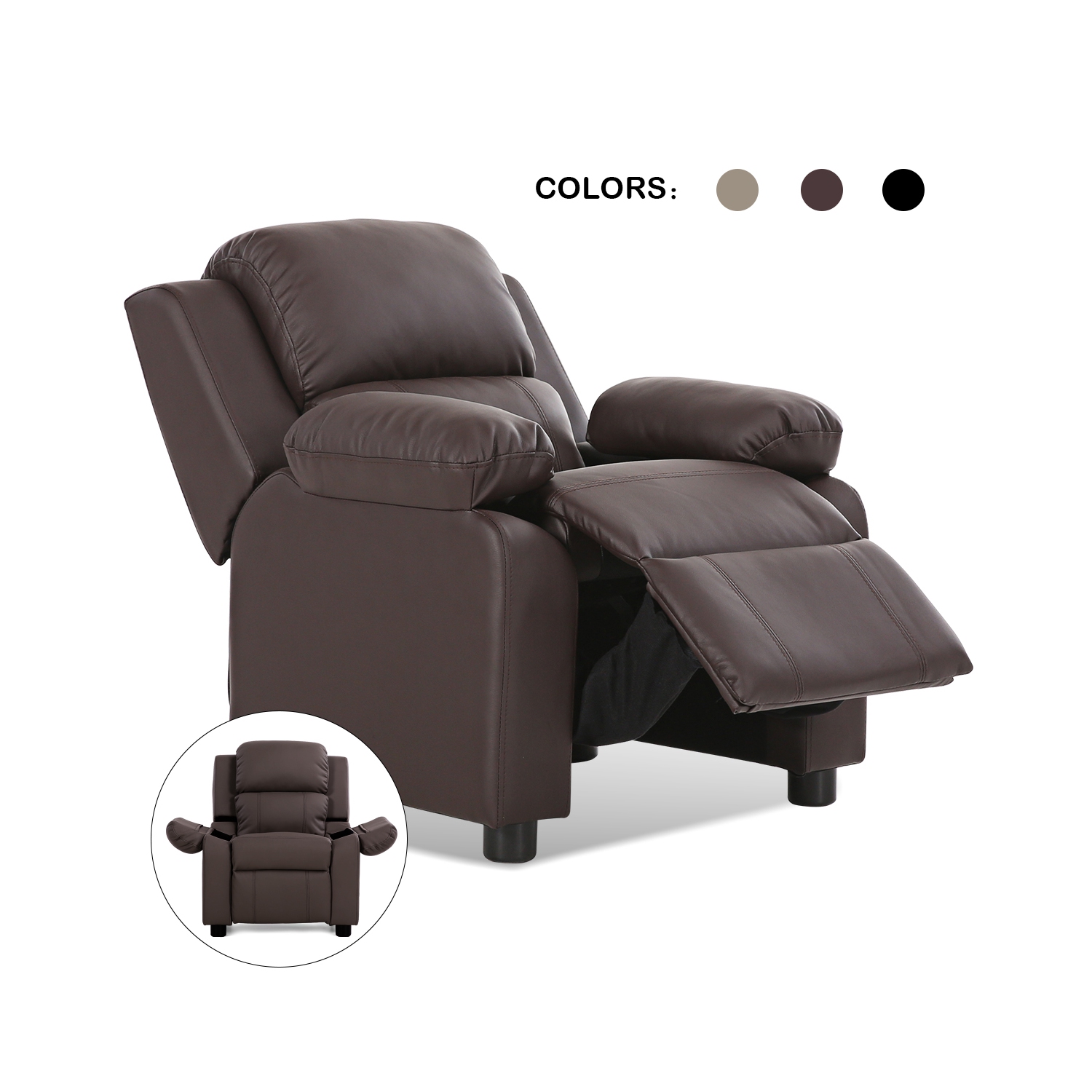 Costway Deluxe Padded Kids Sofa Armchair Recliner Headrest Children w/ Storage Arm Brown