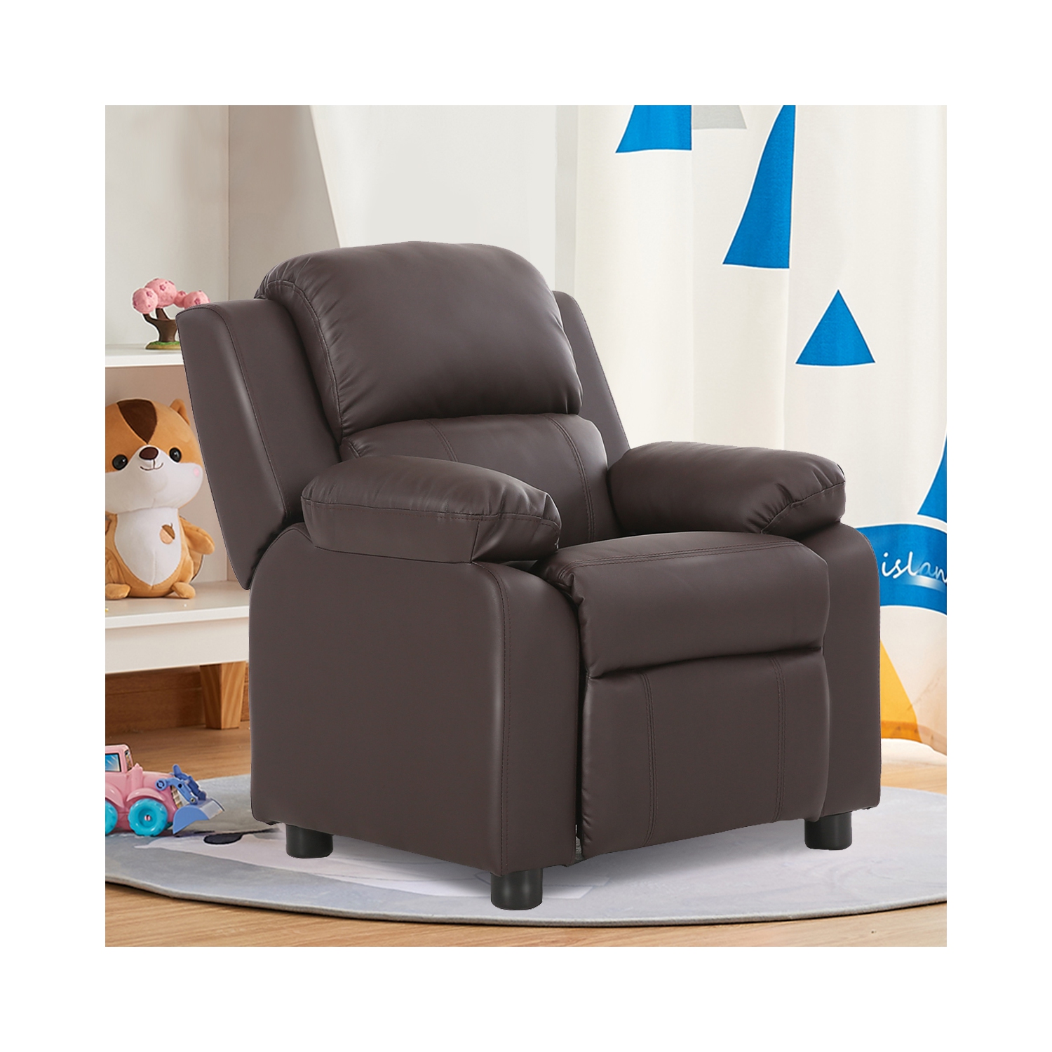 Costway Deluxe Padded Kids Sofa Armchair Recliner Headrest Children w/ Storage Arm Brown