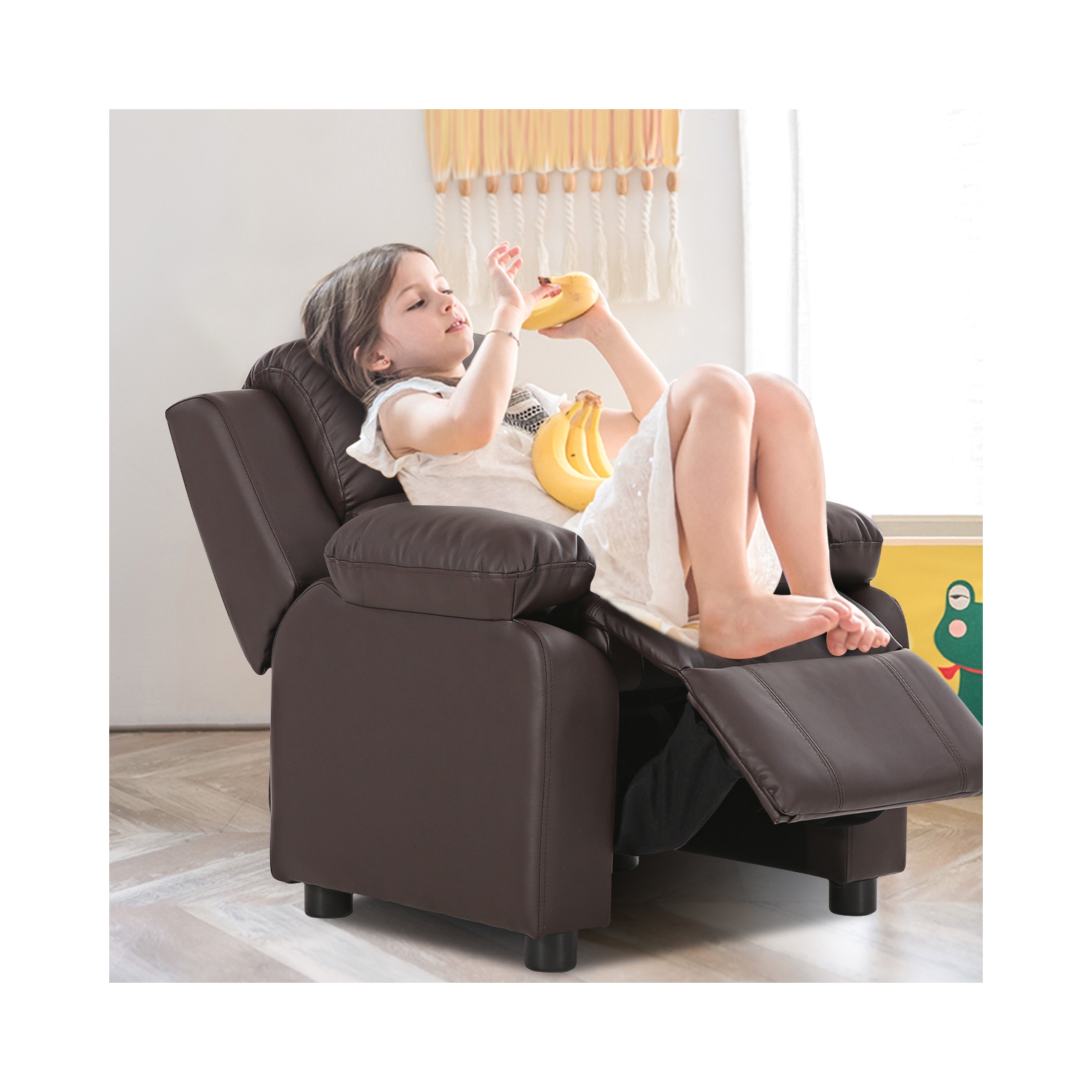 Costway Deluxe Padded Kids Sofa Armchair Recliner Headrest Children w/ Storage Arm Brown