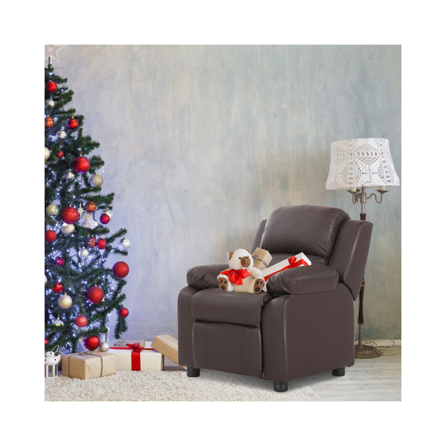 Costway Deluxe Padded Kids Sofa Armchair Recliner Headrest Children w/ Storage Arm Brown