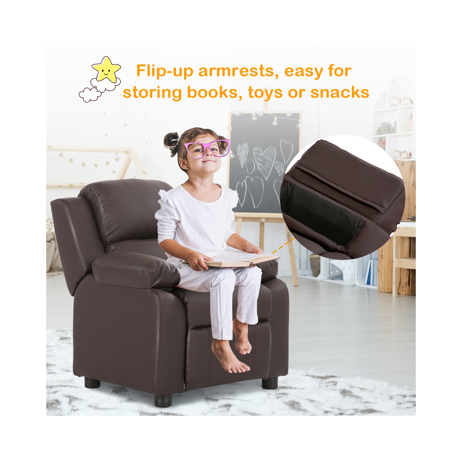 Costway Deluxe Padded Kids Sofa Armchair Recliner Headrest Children w/ Storage Arm Brown