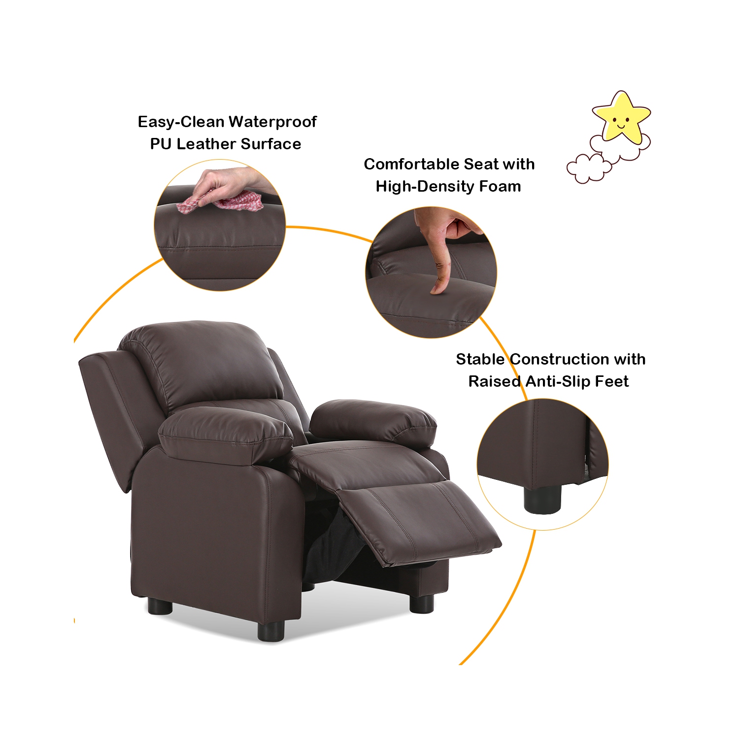 Costway Deluxe Padded Kids Sofa Armchair Recliner Headrest Children w/ Storage Arm Brown