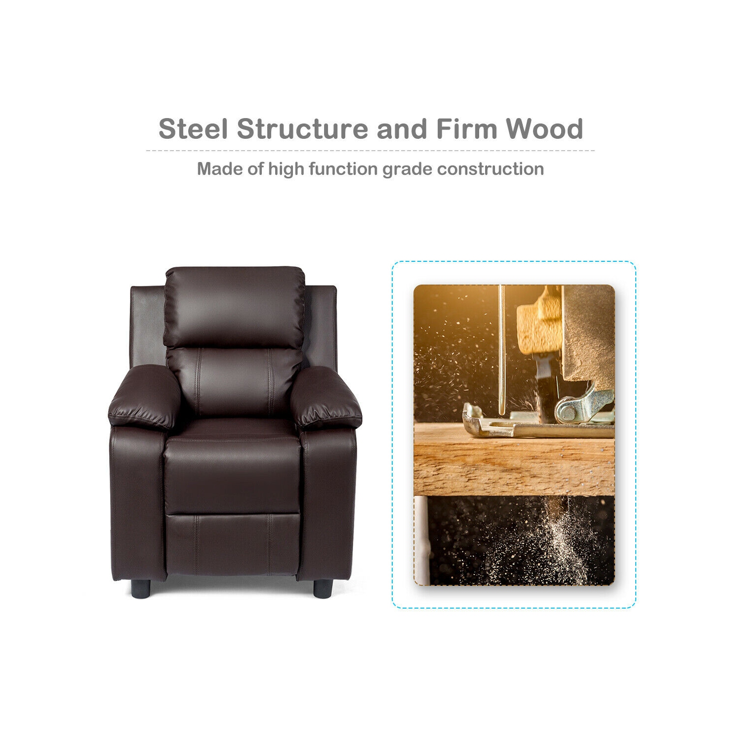 Costway Deluxe Padded Kids Sofa Armchair Recliner Headrest Children w/ Storage Arm Brown