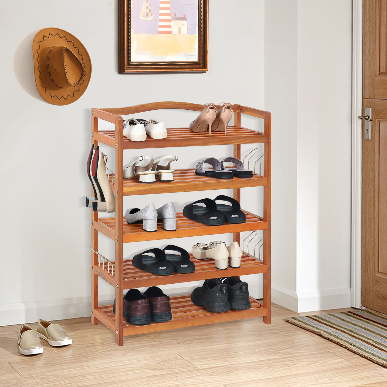 Costway 5-Tier Wood Shoe Rack Solid Acacia Wood Shoe Shelf with Side Metal Hooks