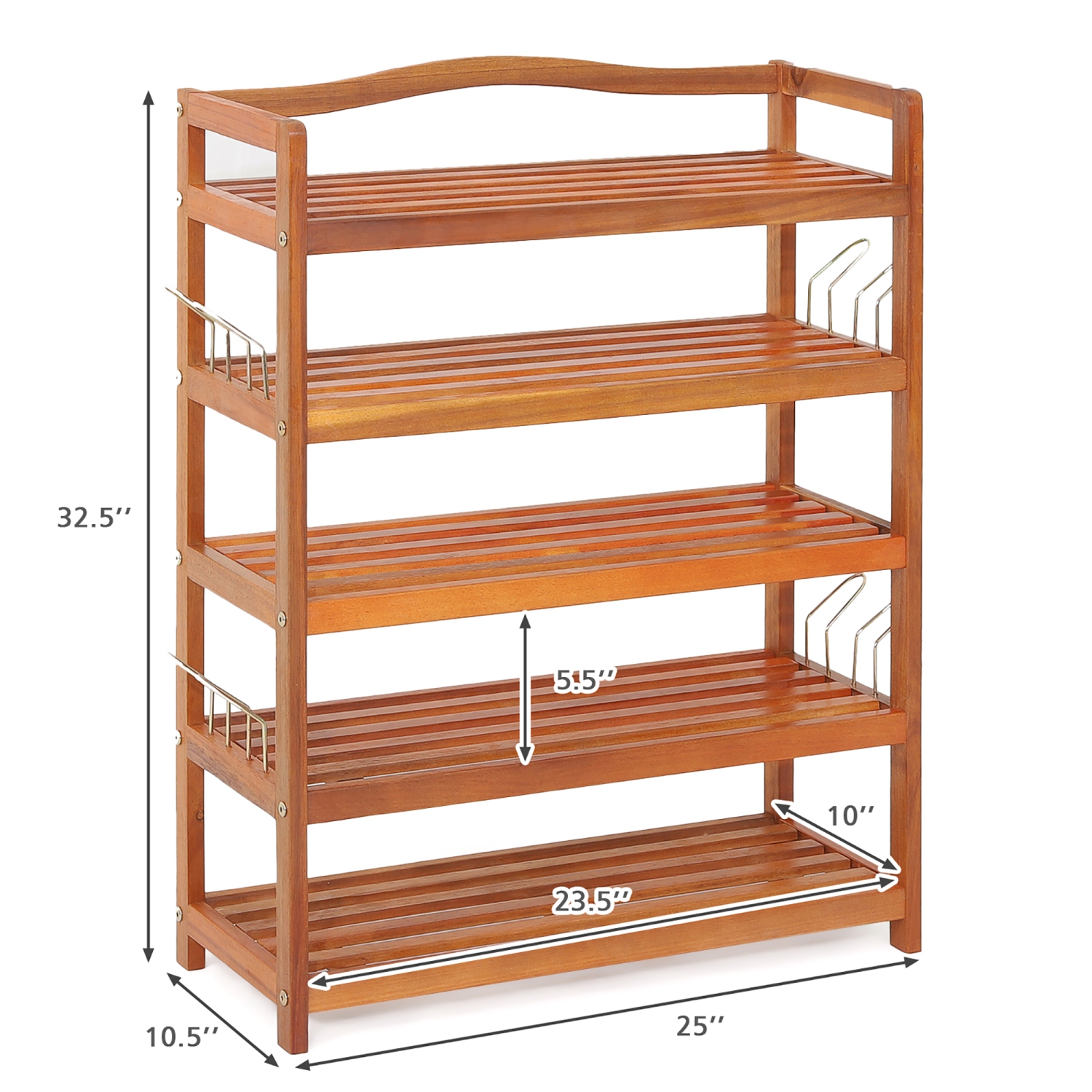 Costway 5-Tier Wood Shoe Rack Solid Acacia Wood Shoe Shelf with Side Metal Hooks