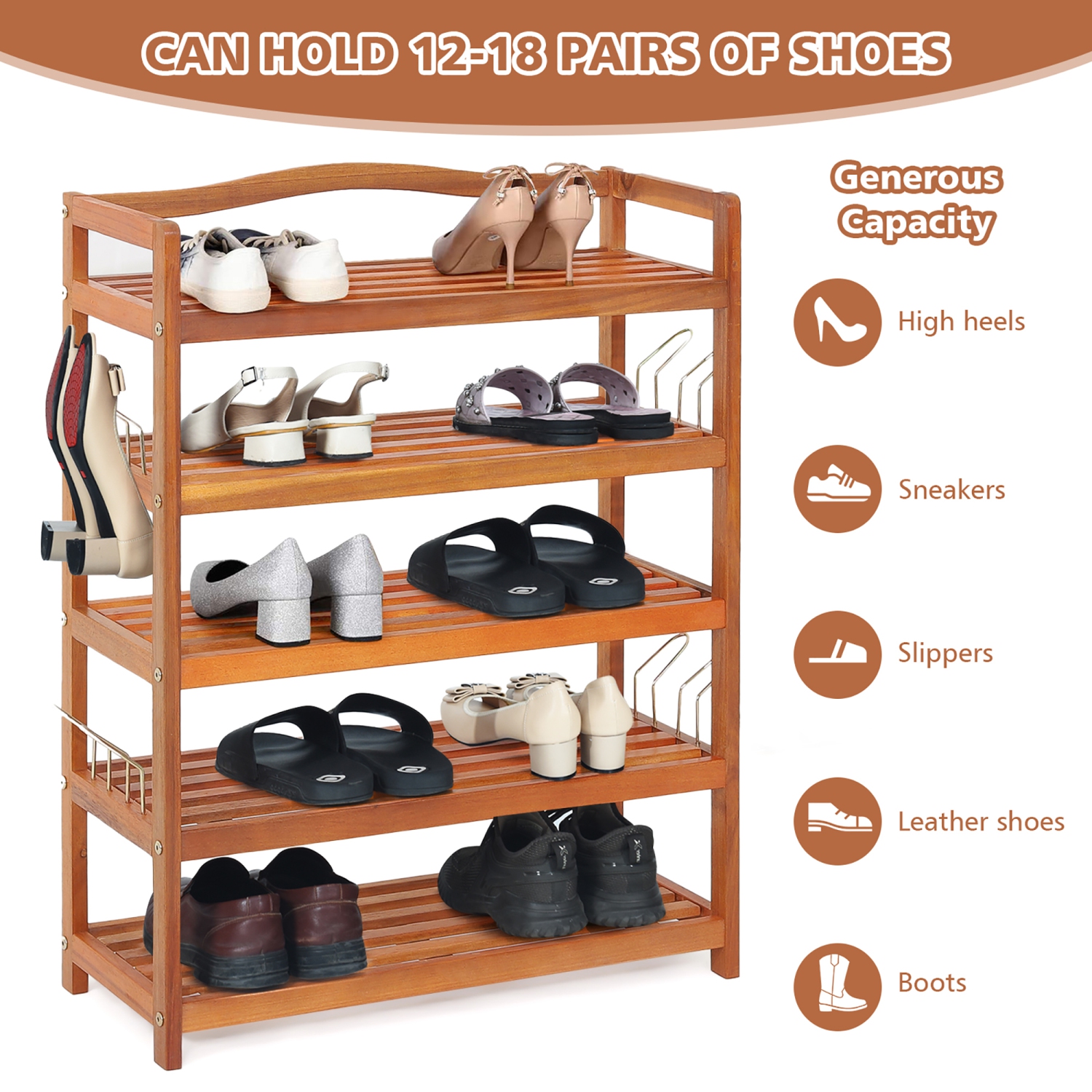 Costway 5-Tier Wood Shoe Rack Solid Acacia Wood Shoe Shelf with Side Metal Hooks