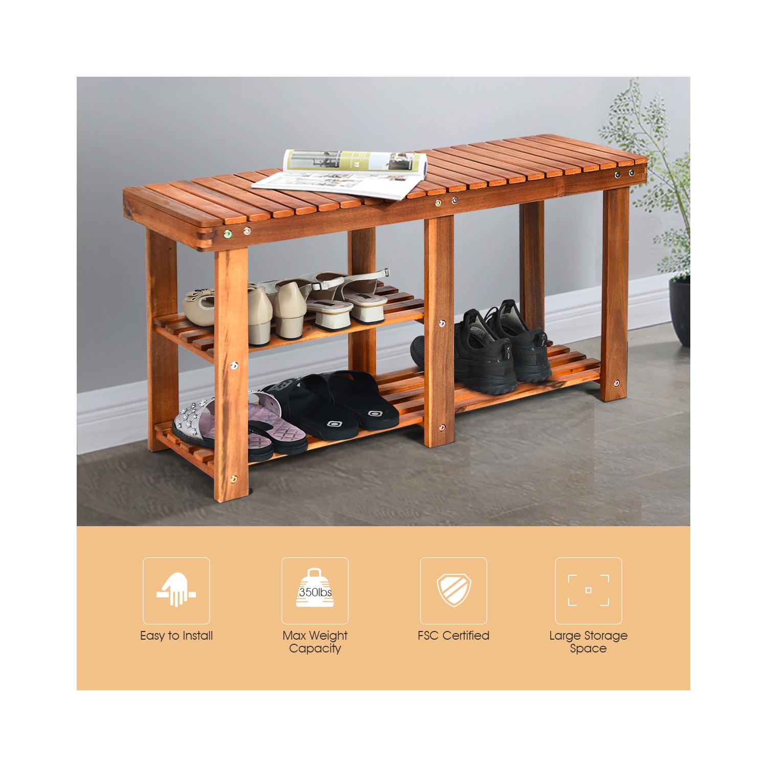 Costway 3-Tier Wood Shoe Rack Shoe Bench Freestanding Boots Storage Organizer Heavy-duty