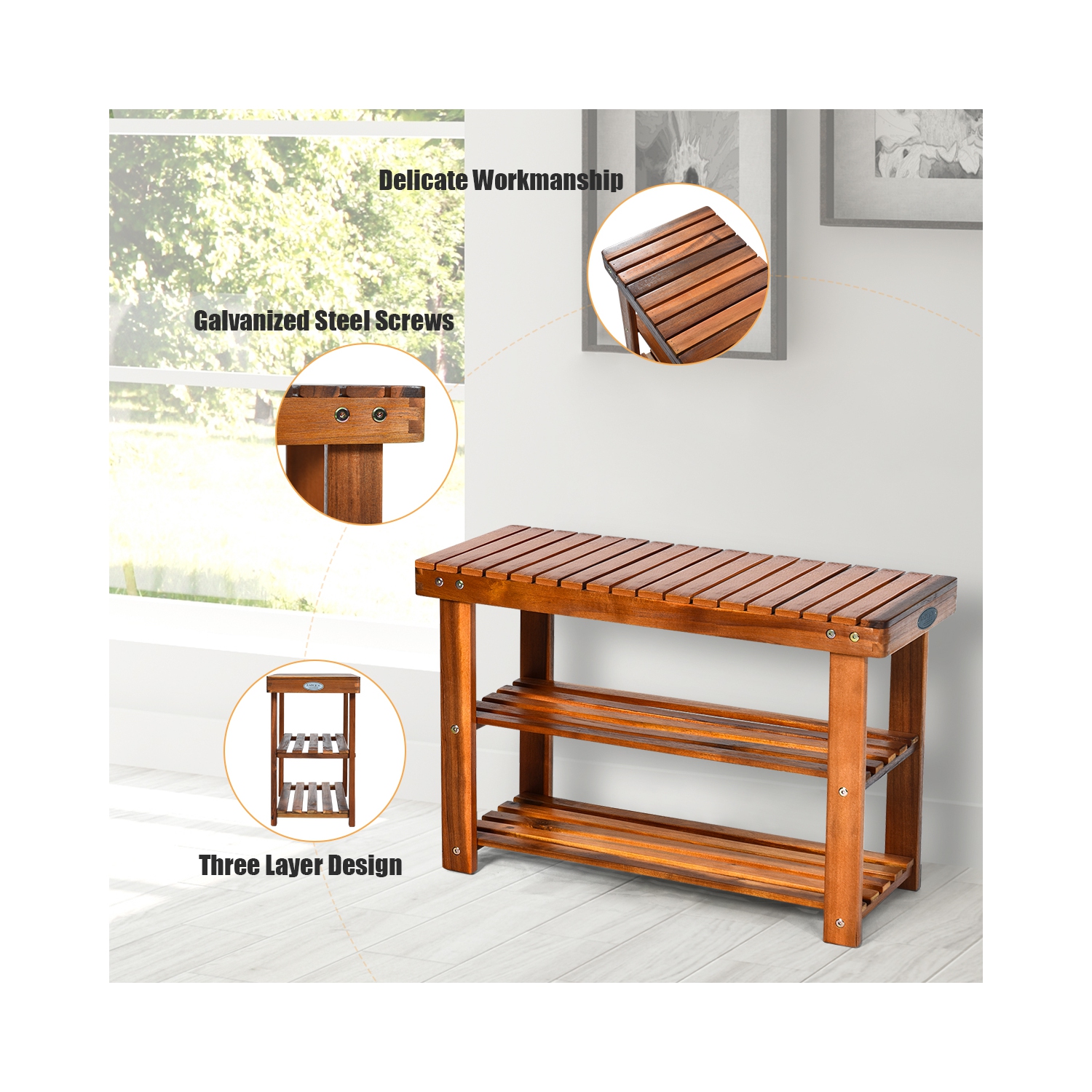 Costway 3-Tier Wood Shoe Rack 27.5' Shoe Bench Freestanding Boots Organizer Heavy-duty