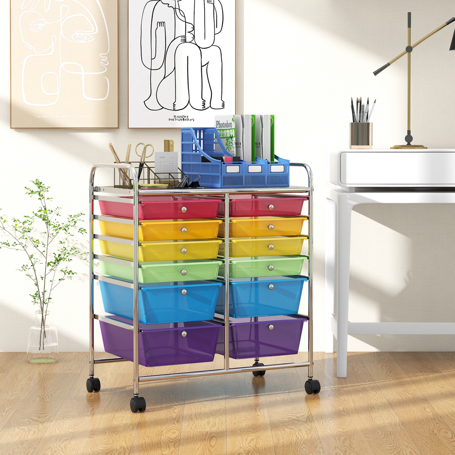 Costway 12 Drawers Rolling Cart Storage Mutlicolor Scrapbook Paper Studio Organizer Bins