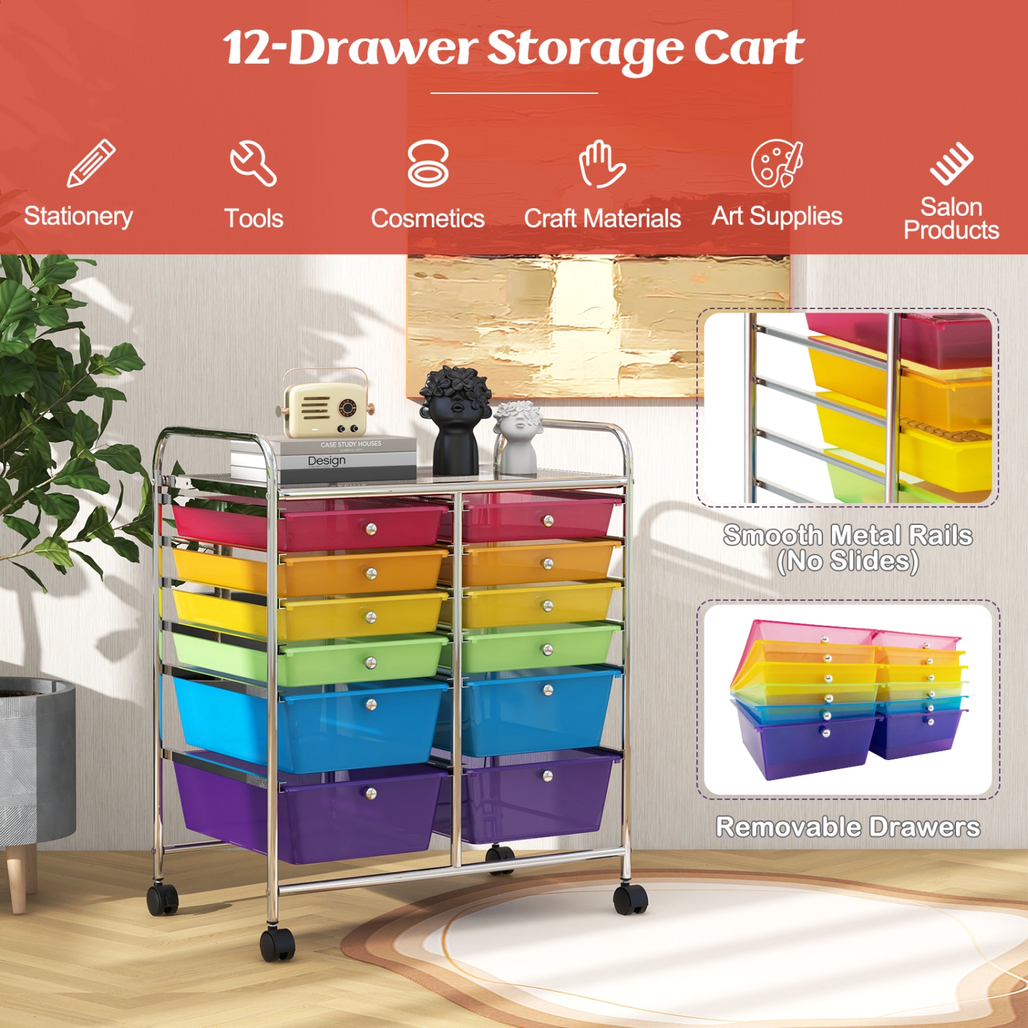 Costway 12 Drawers Rolling Cart Storage Mutlicolor Scrapbook Paper Studio Organizer Bins