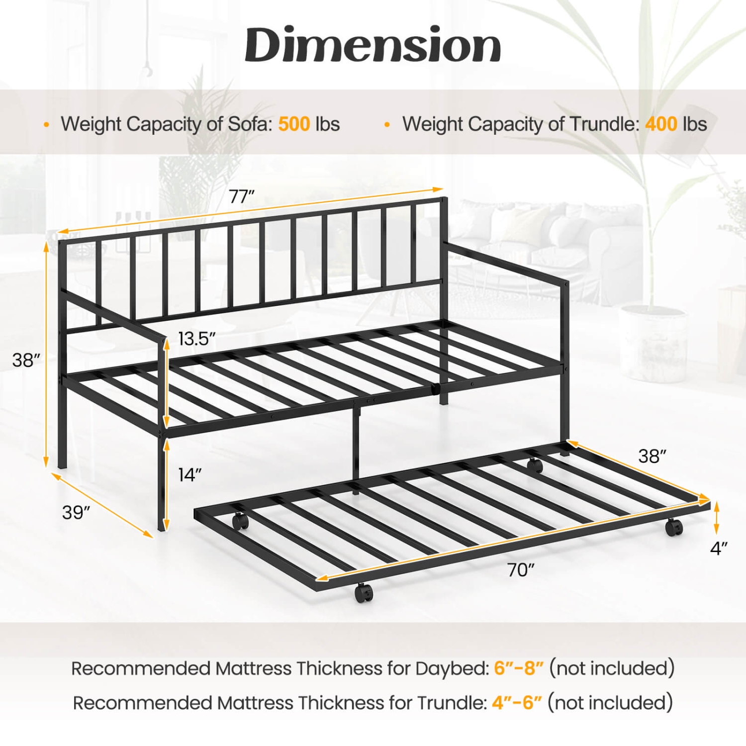 Canapé-lit de repos en métal avec lit gigogne et roulettes verrouillables de Costway pour le salon