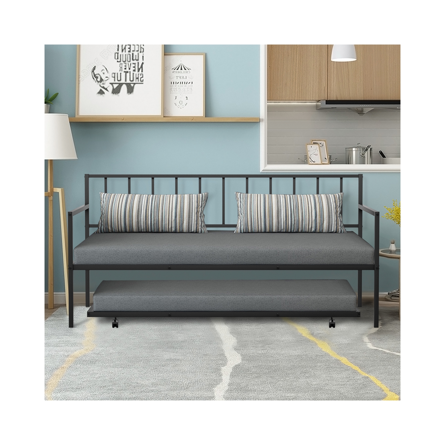 Canapé-lit de repos en métal avec lit gigogne et roulettes verrouillables de Costway pour le salon