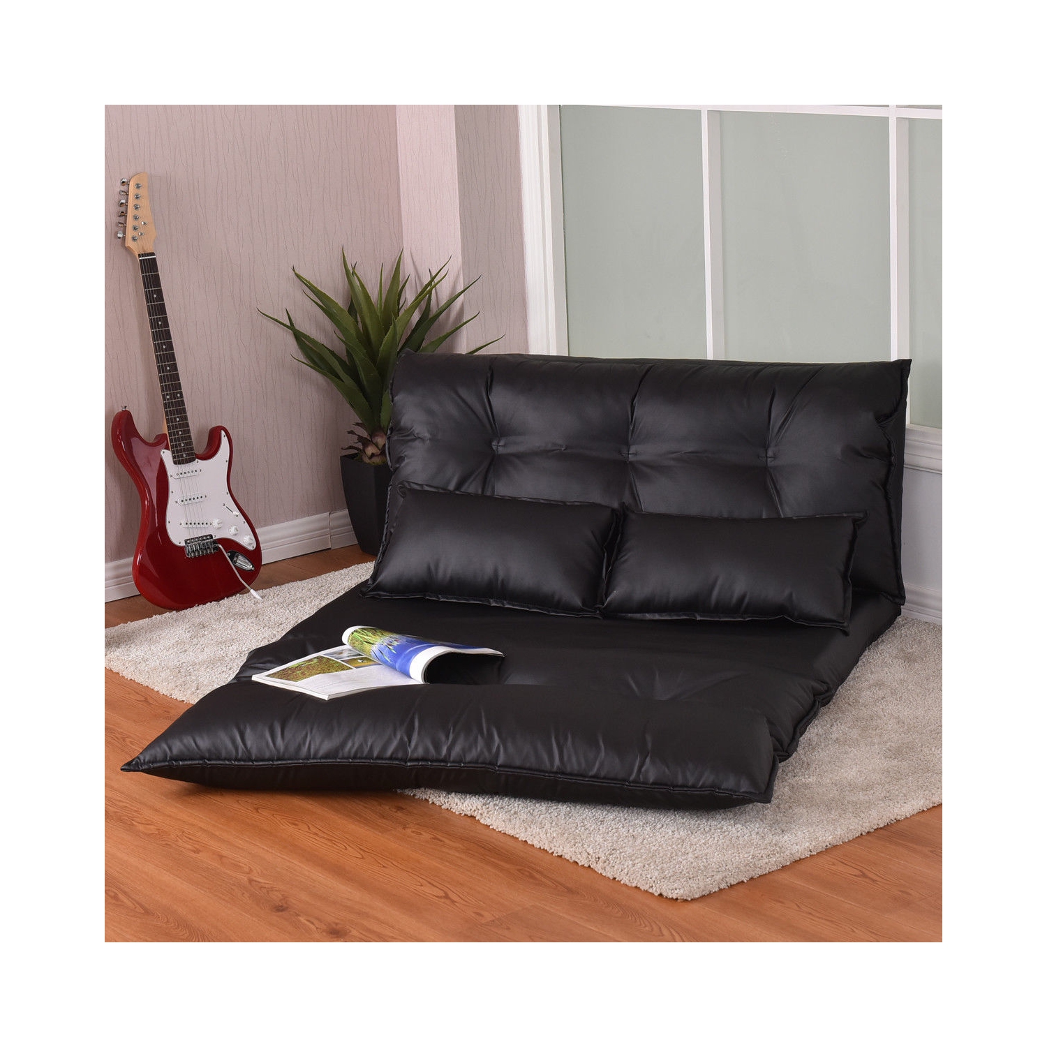 Costway PU Leather Foldable Modern Leisure Floor Sofa Bed Video Gaming 2 Pillows Black