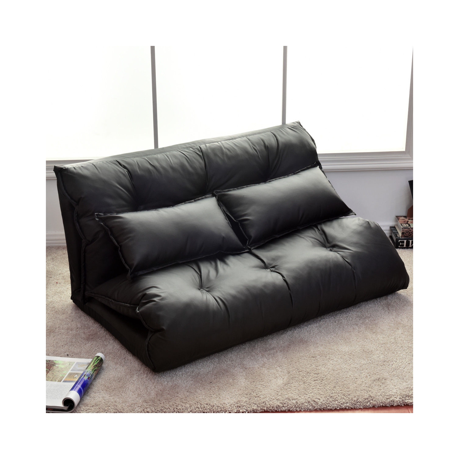 Costway PU Leather Foldable Modern Leisure Floor Sofa Bed Video Gaming 2 Pillows Black