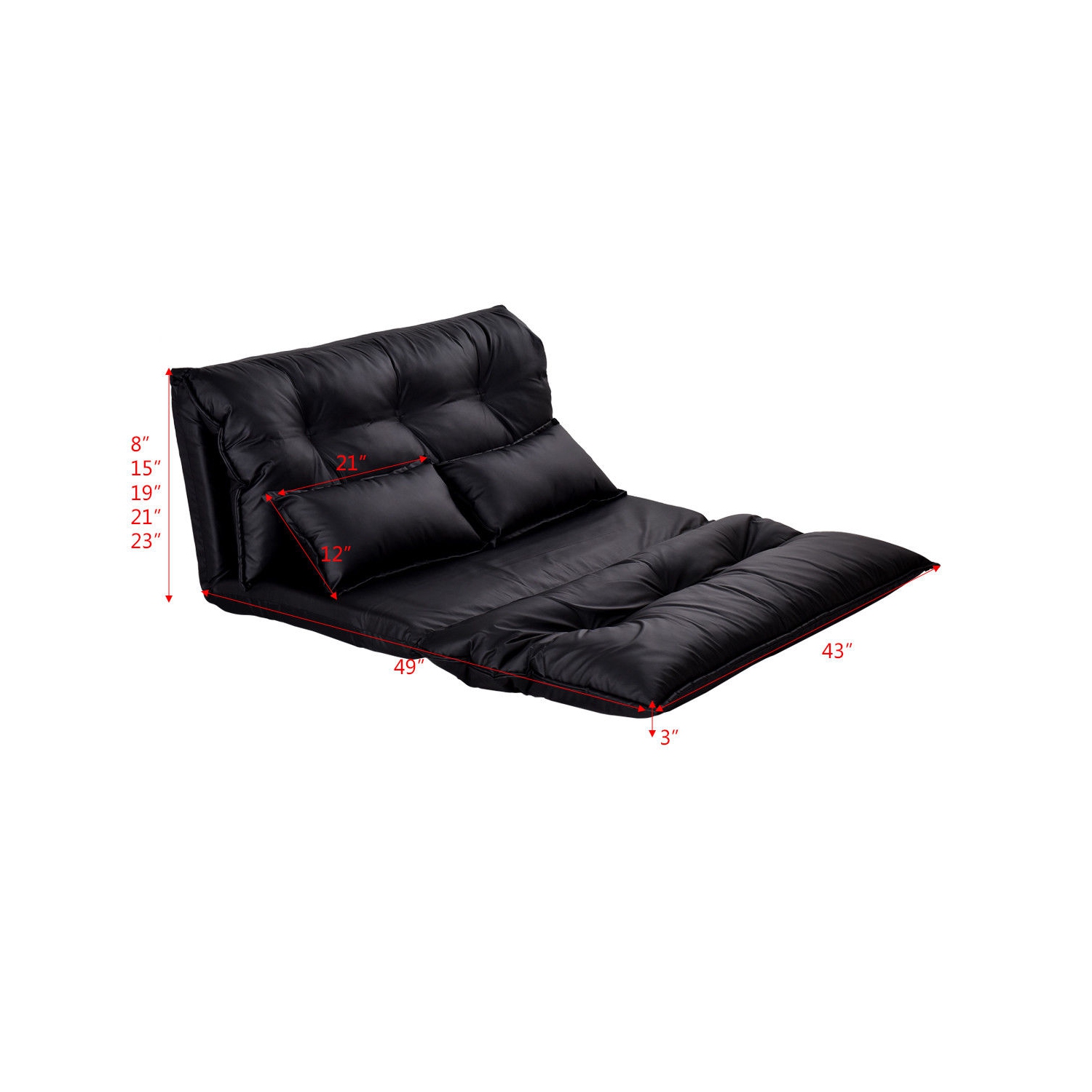 Costway PU Leather Foldable Modern Leisure Floor Sofa Bed Video Gaming 2 Pillows Black