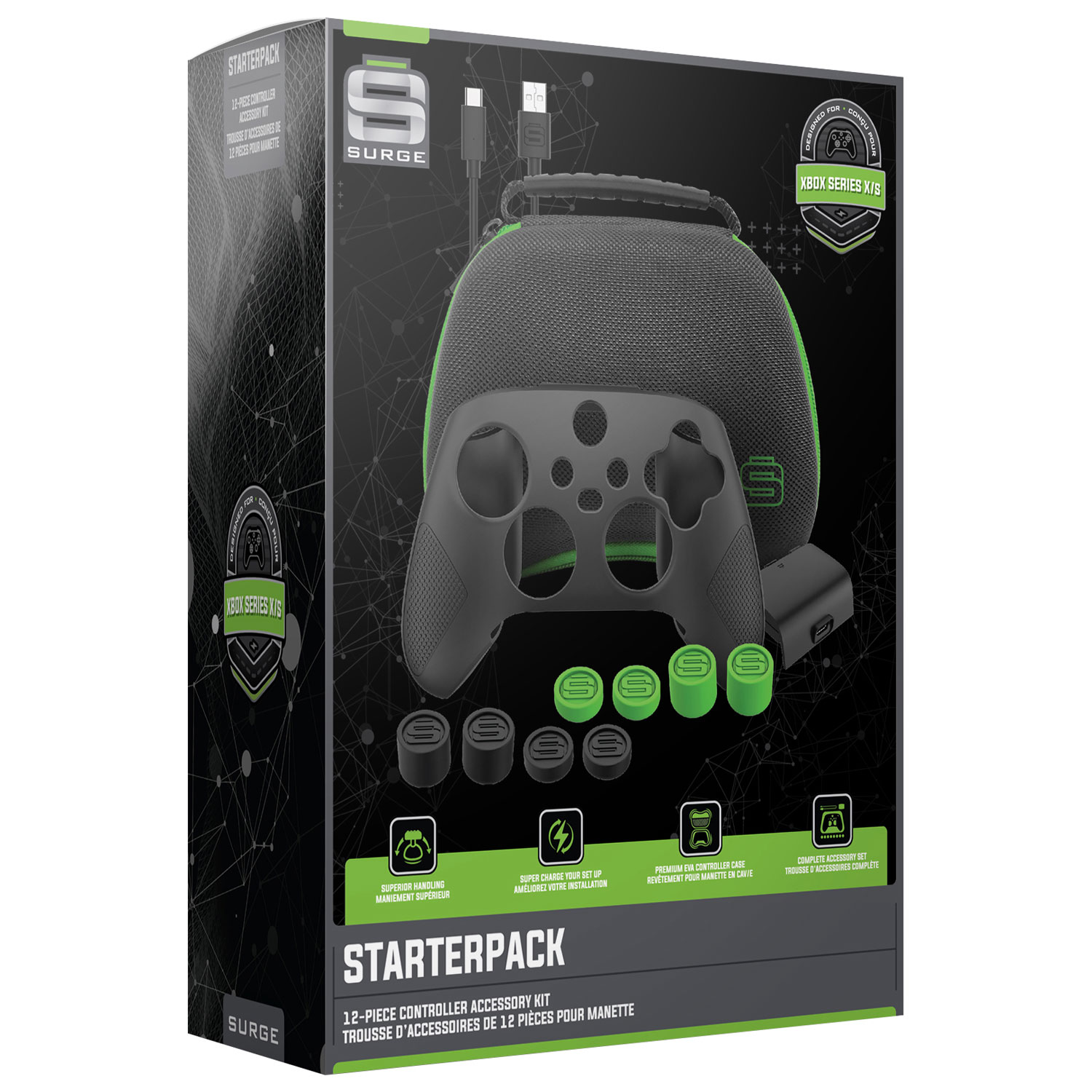 Trousse de démarrage de 12 accessoires de Surge pour manette de Xbox Series X|S - Noir/Vert