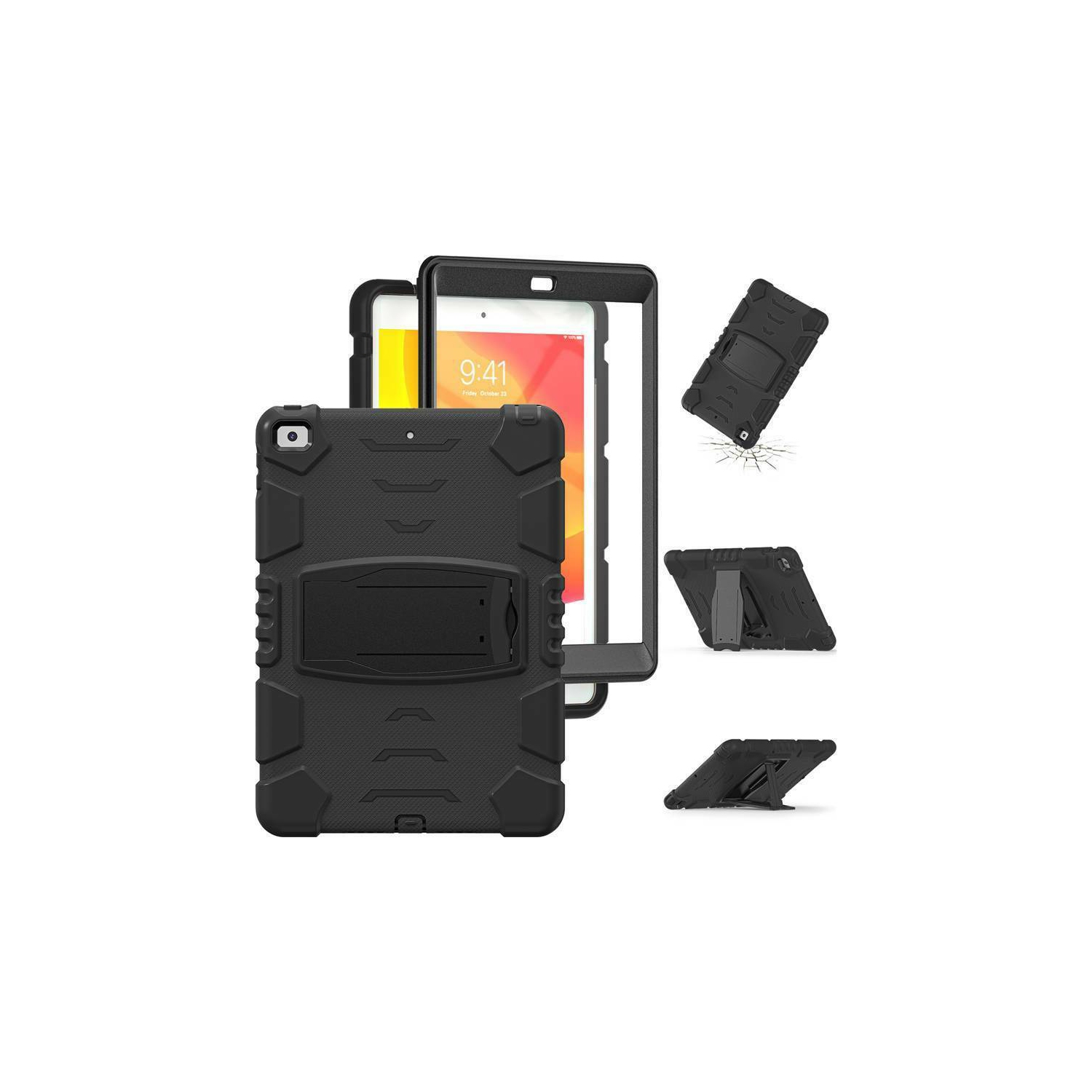 Shockproof Heavy Duty Rugged Defender Hard Case Kickstand Cover for iPad Air 1 2 1st 2nd Gen / Pro 9.7", Black