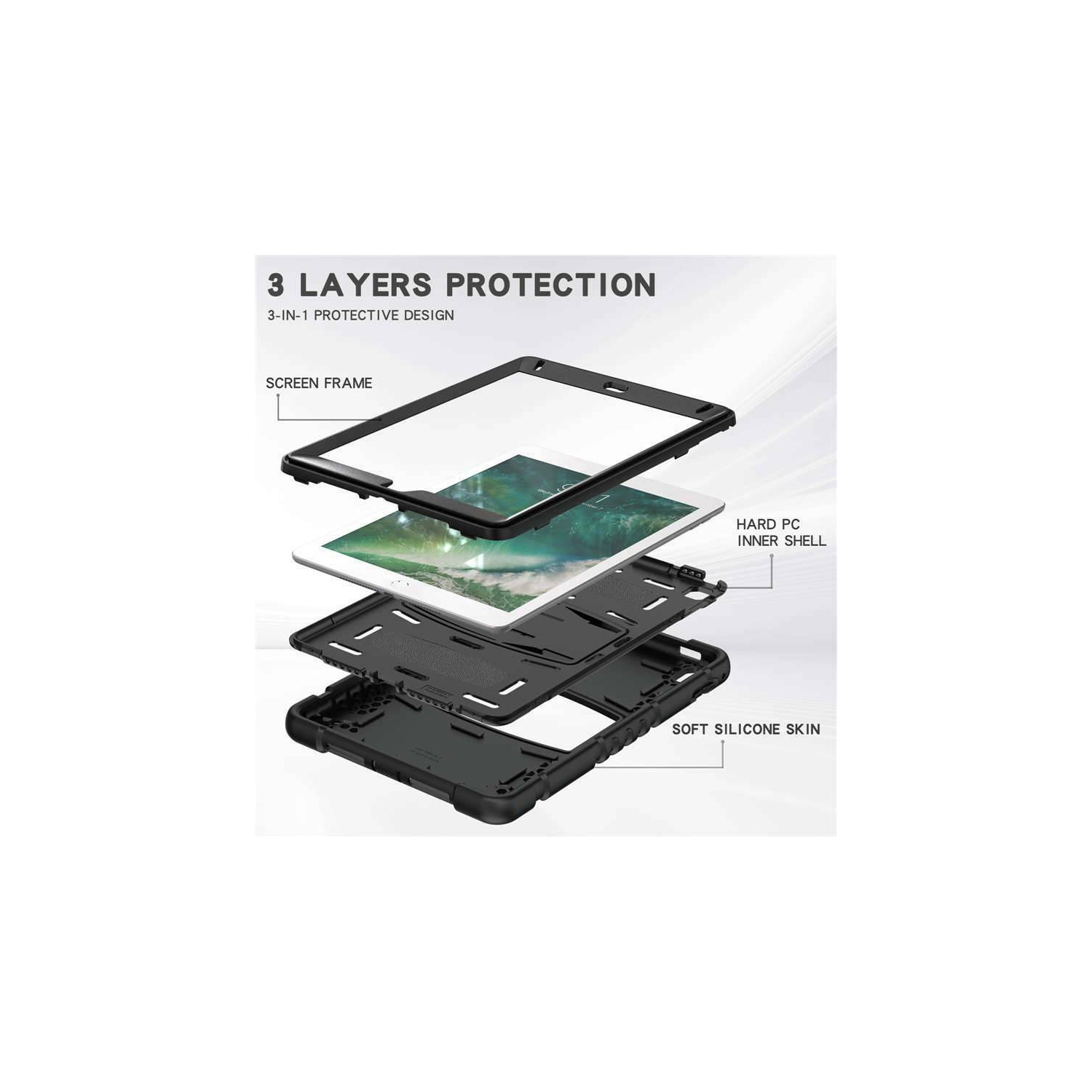 Shockproof Heavy Duty Rugged Defender Hard Case Kickstand Cover for iPad Air 1 2 1st 2nd Gen / Pro 9.7", Black