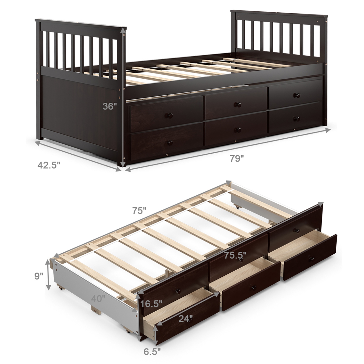Costway Twin Captain's Bed Bunk Bed Alternative w/ Trundle & Drawers for Kids