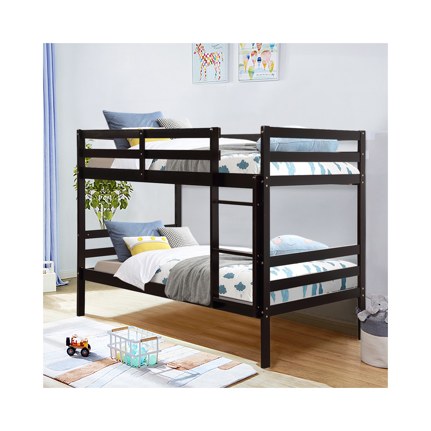 Costway Twin Over Twin Wood Bunk Beds Ladder Safety Rail