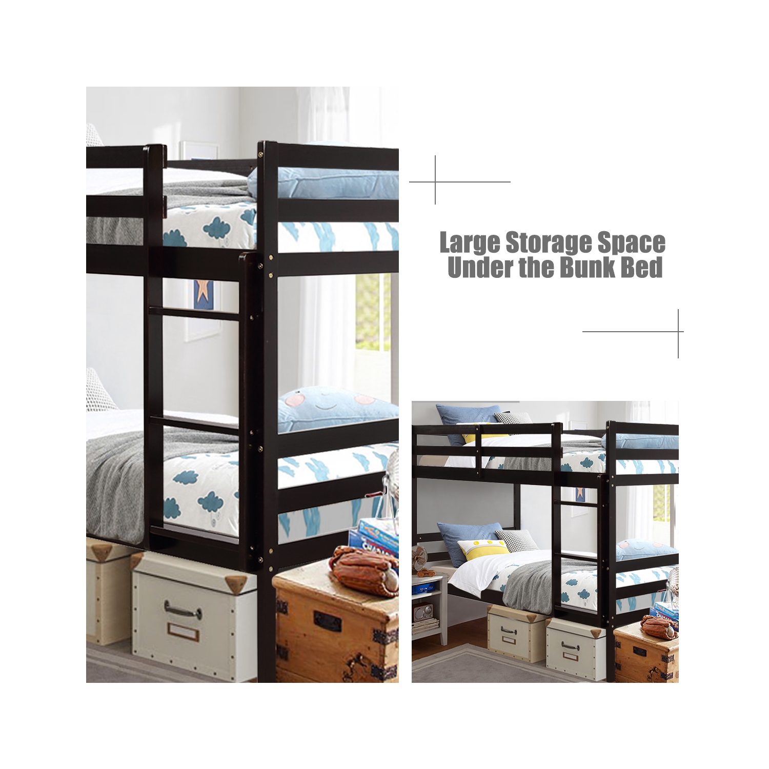 Costway Twin Over Twin Wood Bunk Beds Ladder Safety Rail