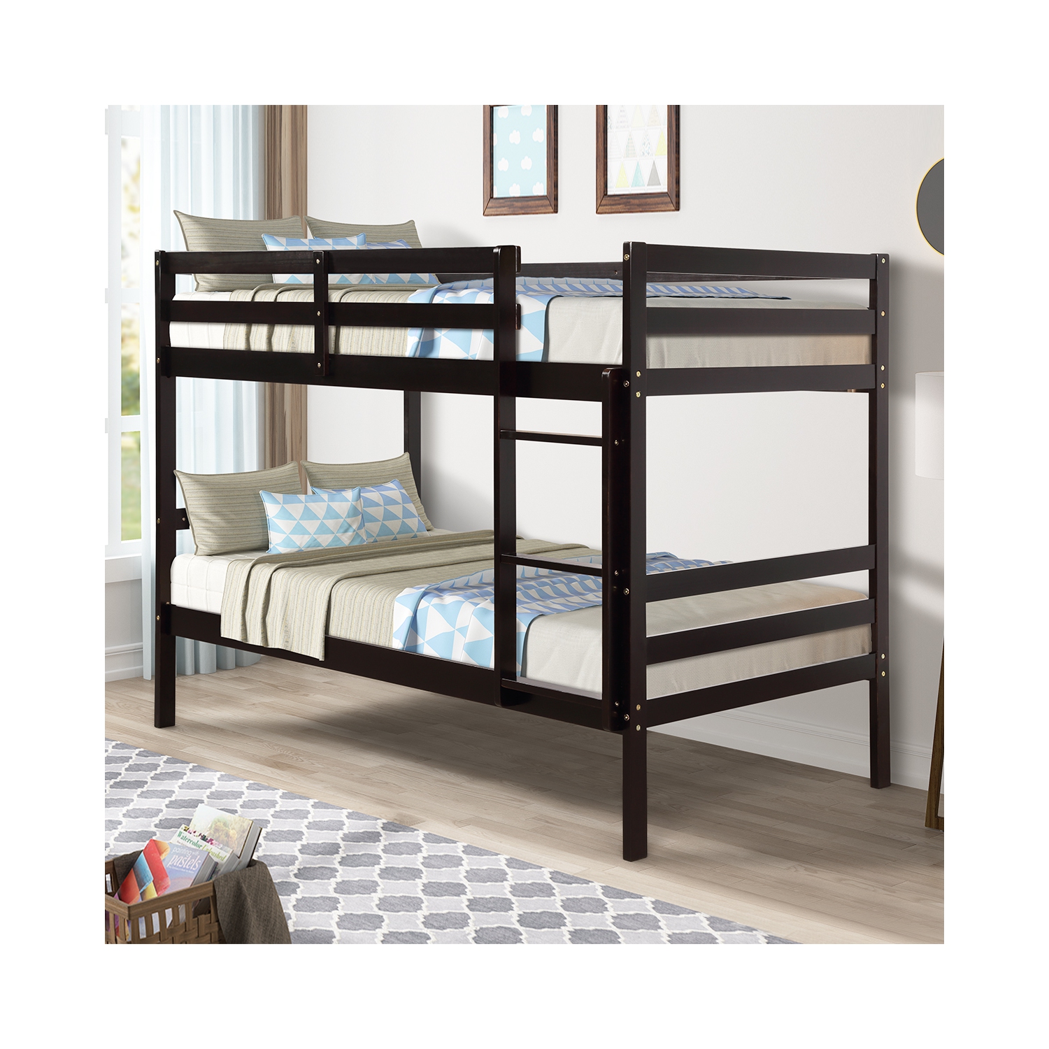 Costway Twin Over Twin Wood Bunk Beds Ladder Safety Rail