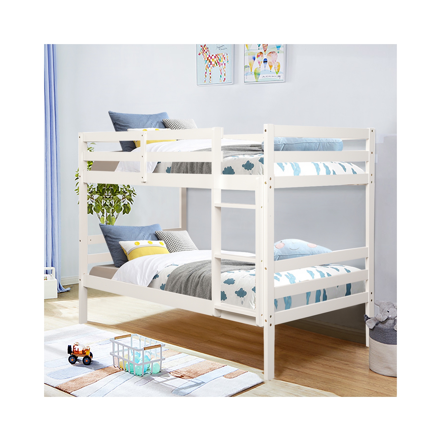 Costway Twin Over Twin Wood Bunk Beds Ladder Safety Rail