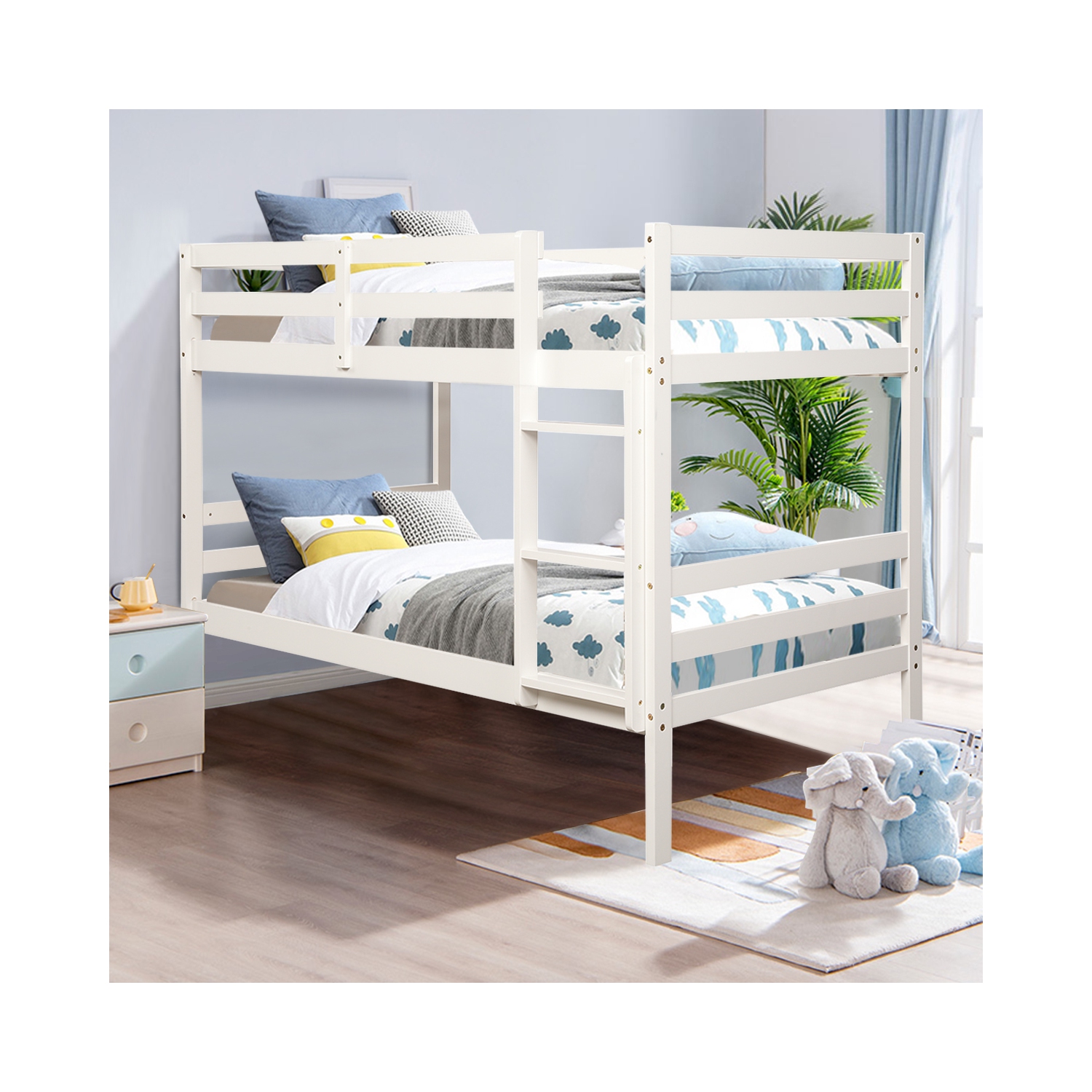 Costway Twin Over Twin Wood Bunk Beds Ladder Safety Rail