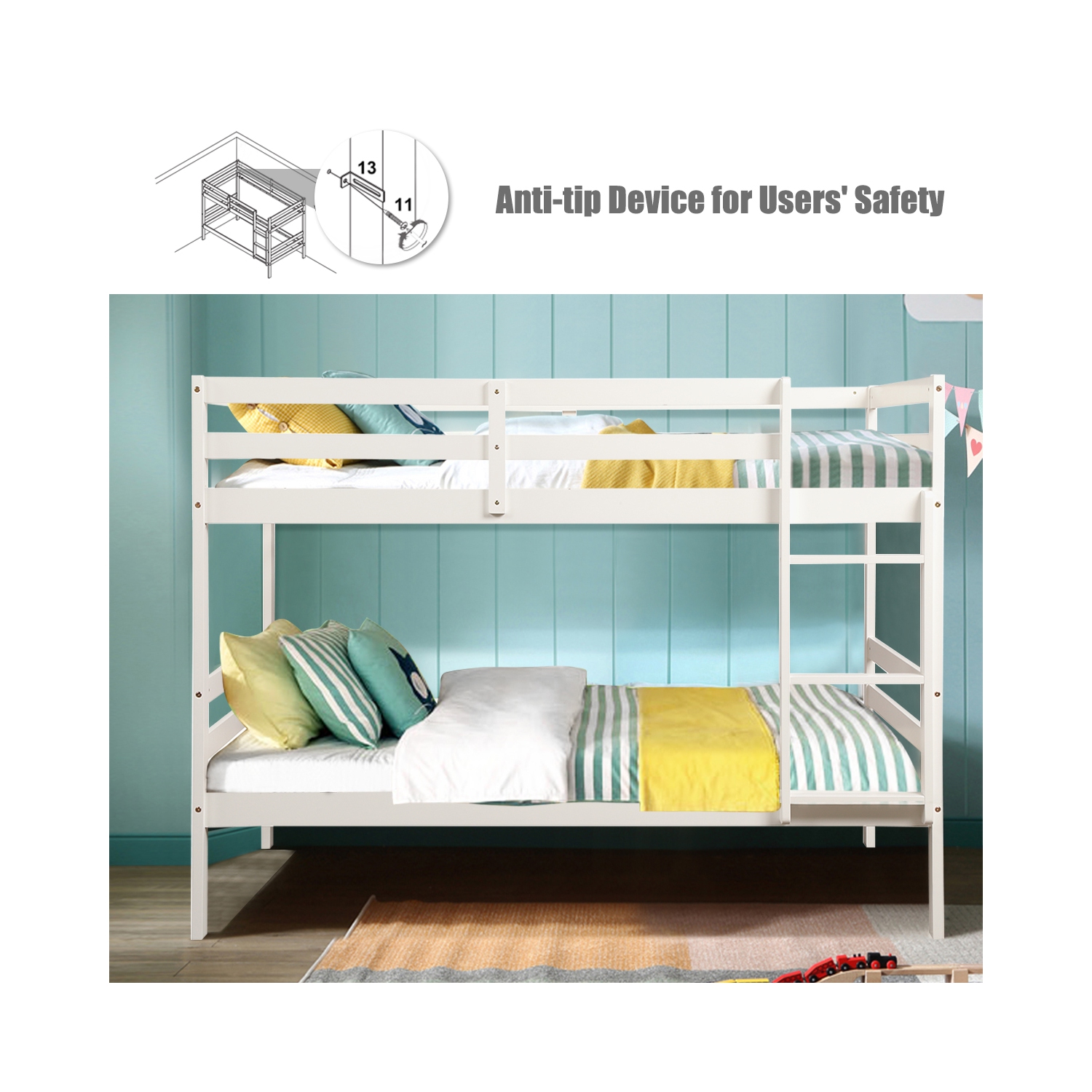 Costway Twin Over Twin Wood Bunk Beds Ladder Safety Rail