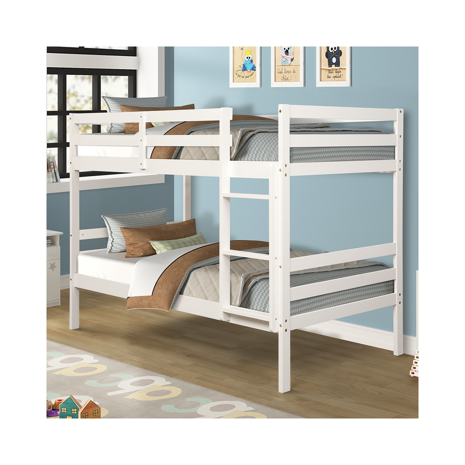 Costway Twin Over Twin Wood Bunk Beds Ladder Safety Rail