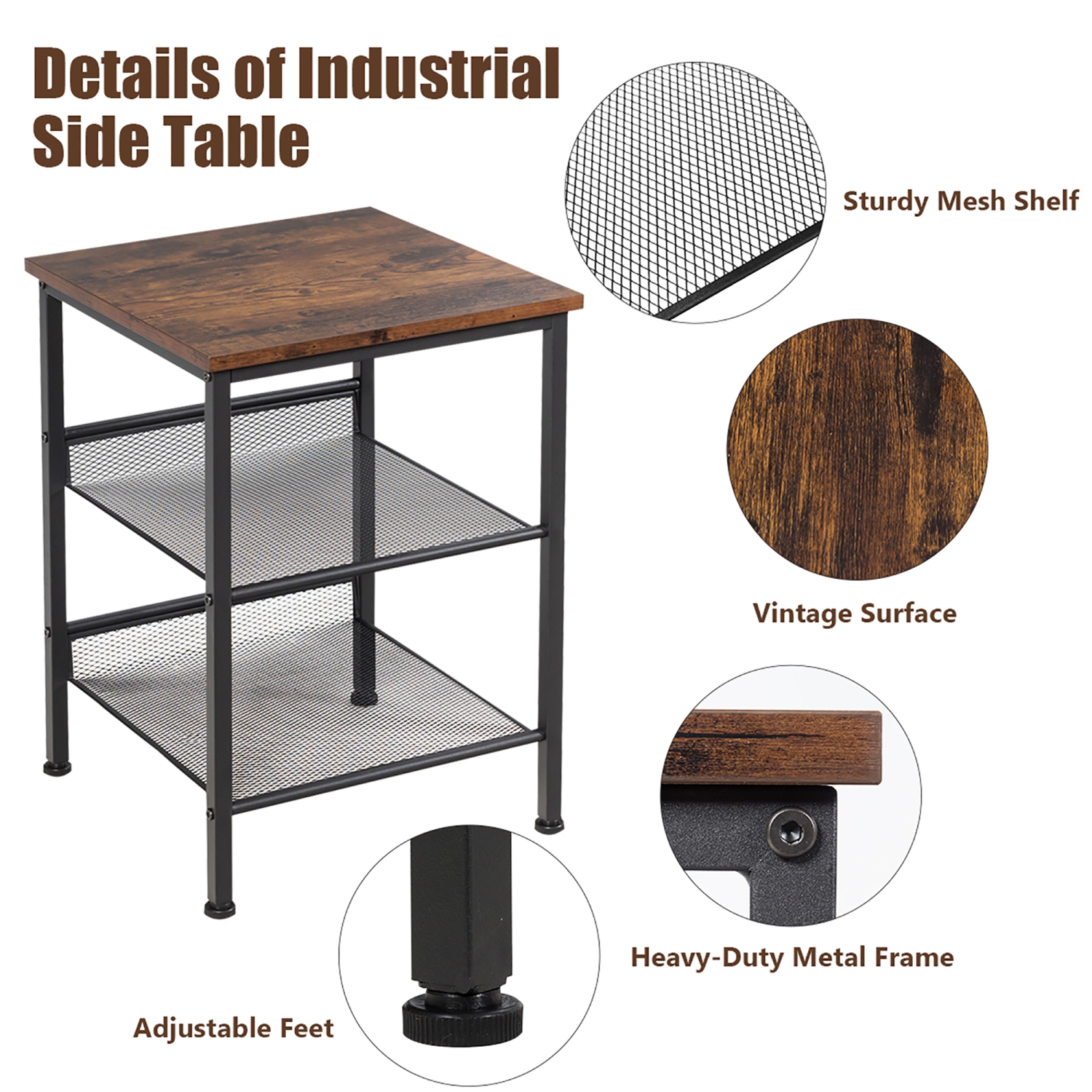 Costway 3-Tier Industrial End Side Table Nightstand W/2 Adjustable Shelves Rustic Brown