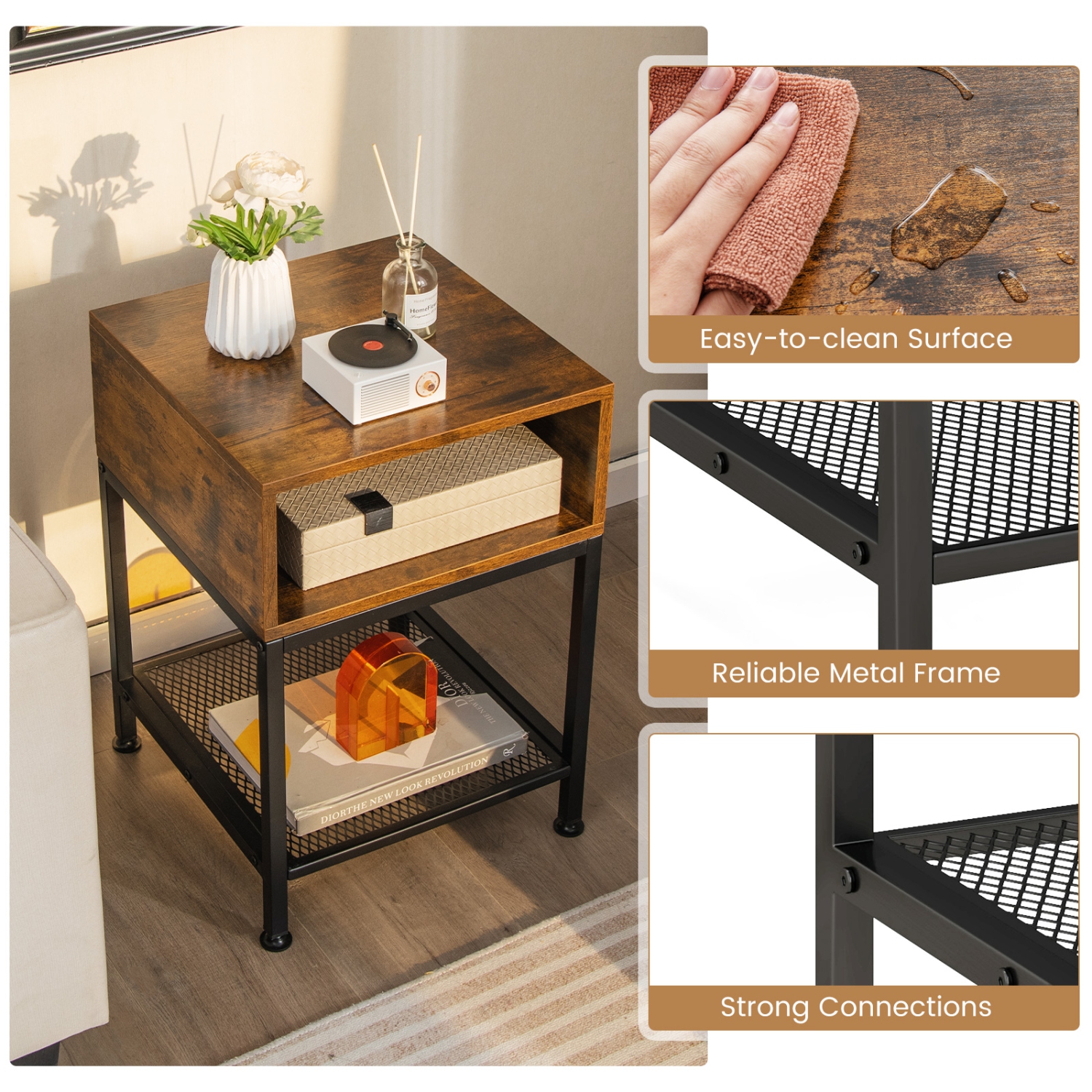 Costway 2 PCS 3-tier Wood Top End Table w/ Metal Frame Storage Cube & Mesh Shelf Square