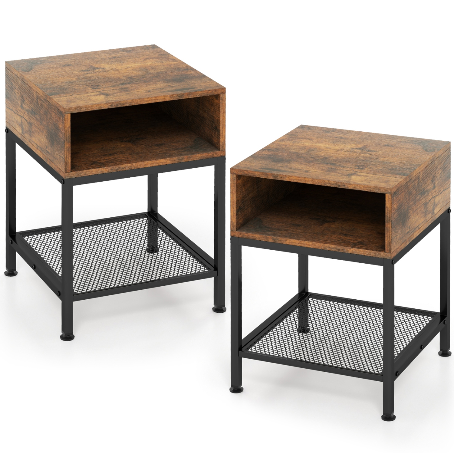 Costway 2 PCS 3-tier Wood Top End Table w/ Metal Frame Storage Cube & Mesh Shelf Square