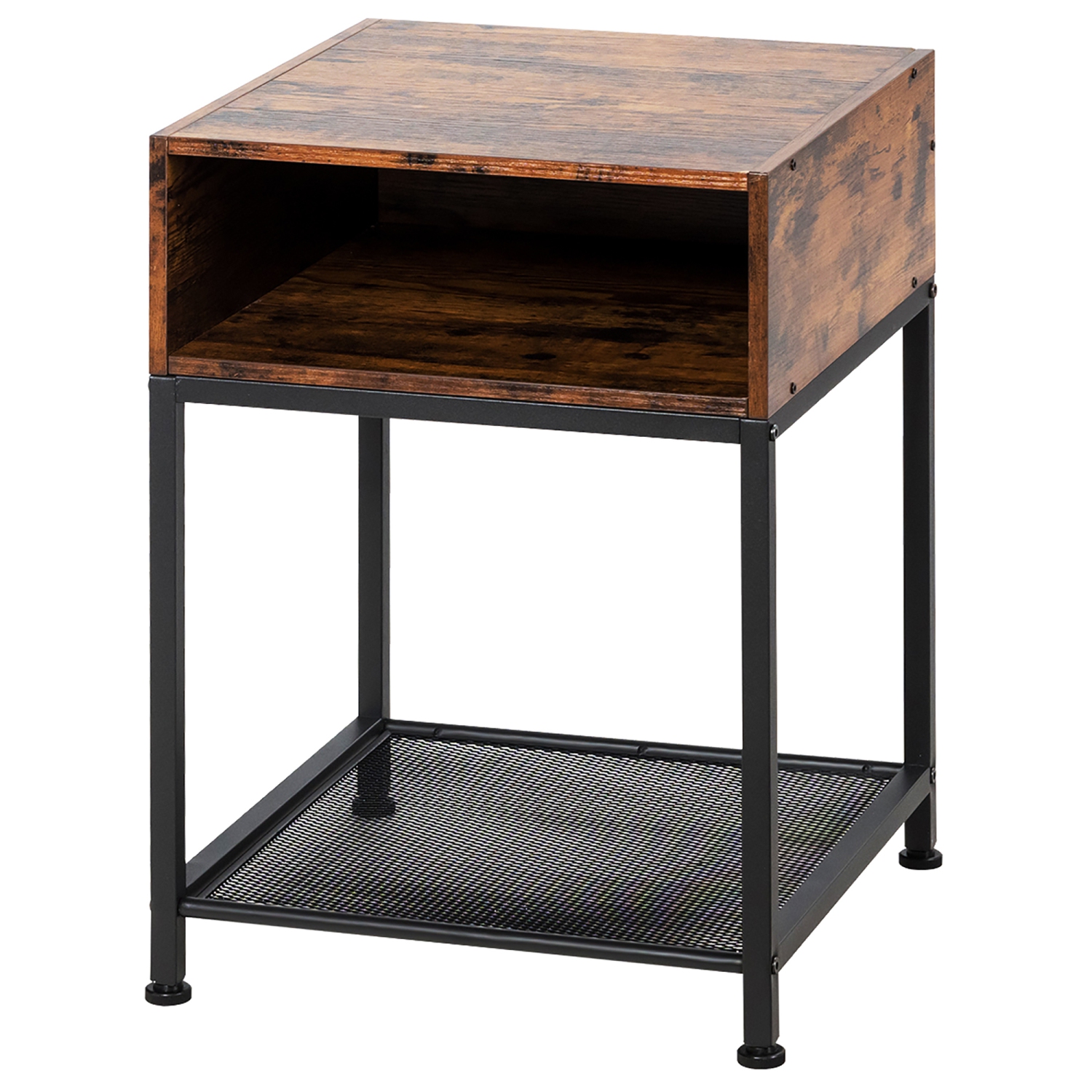 Costway 2 PCS 3-tier Wood Top End Table w/ Metal Frame Storage Cube & Mesh Shelf Square