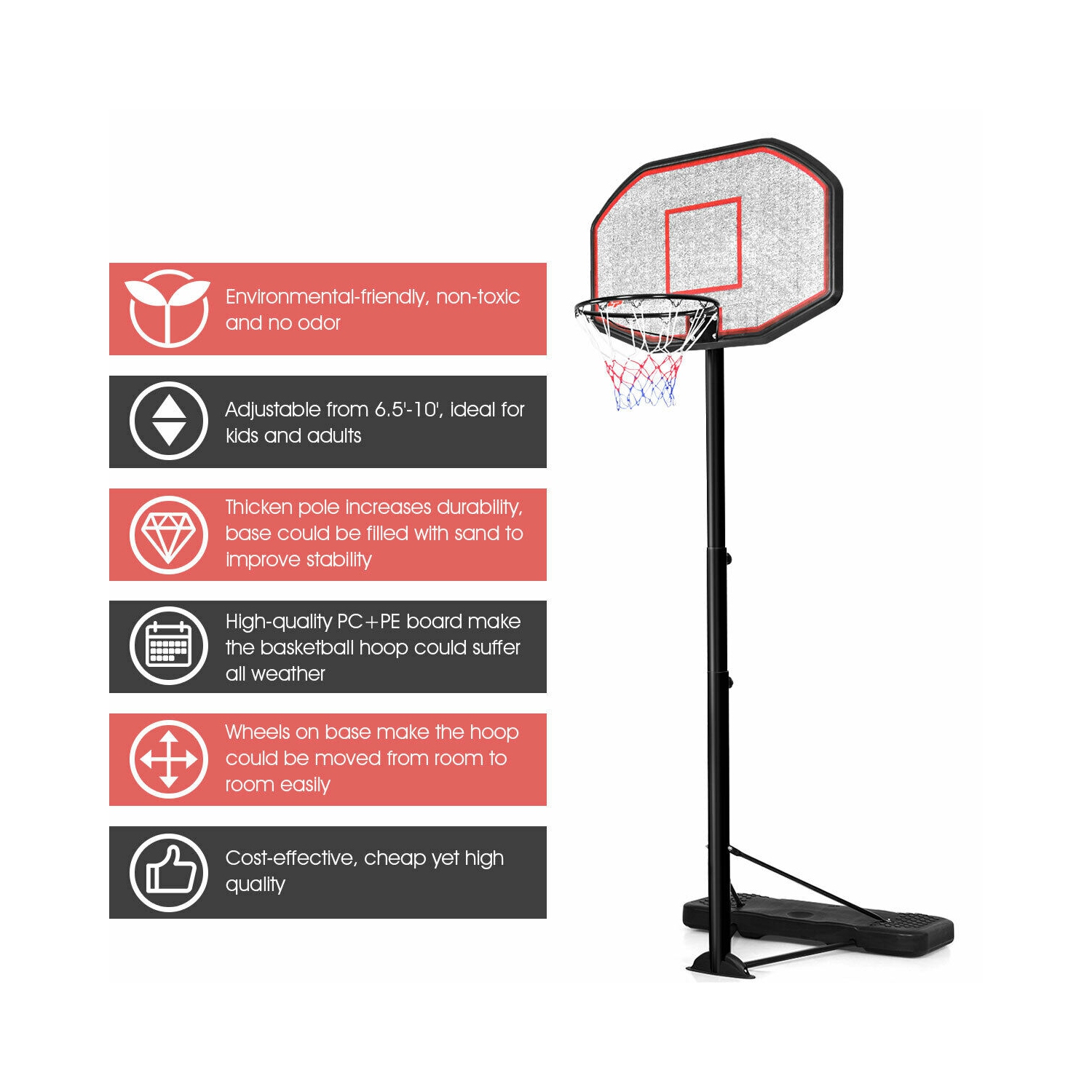 Costway 10ft 43'' Backboard In/outdoor Adjustable Height Basketball Hoop System