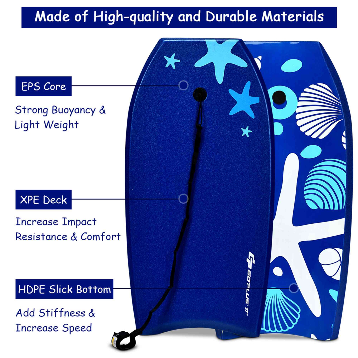 Planche de Bodyboard Surf 37 Pouces avec Sangle de 93 CM et Motif Cocotier + Parasol pour Débutant Enfant Adulte XPE+HDPE 0.7KG
