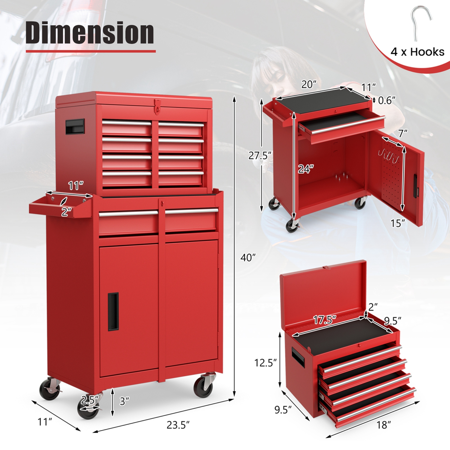 2 in 1 Tool Chest & Cabinet with 5 Sliding Drawers Rolling Garage Organizer