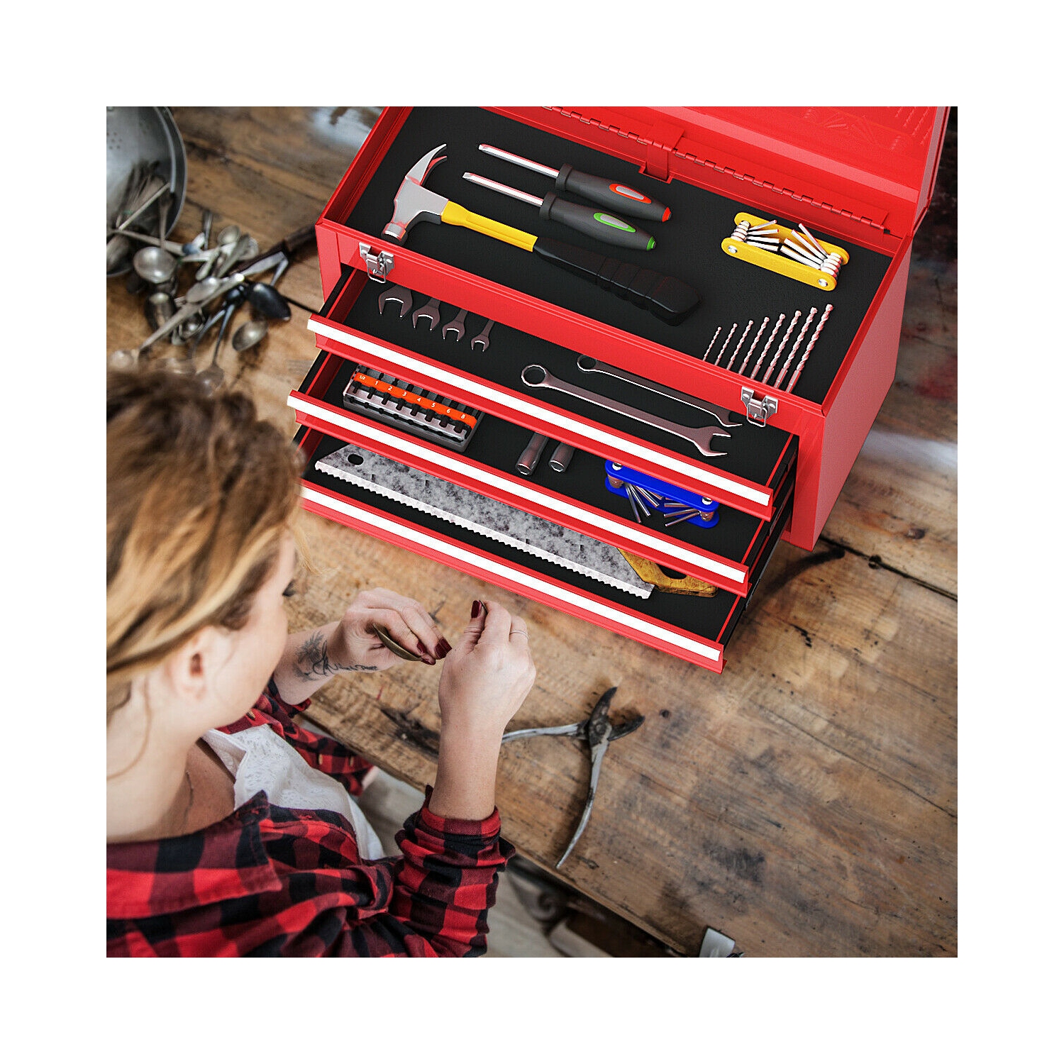 Costway Portable Tool Chest Box Storage Cabinet Garage Mechanic Organizer 3 Drawers Red