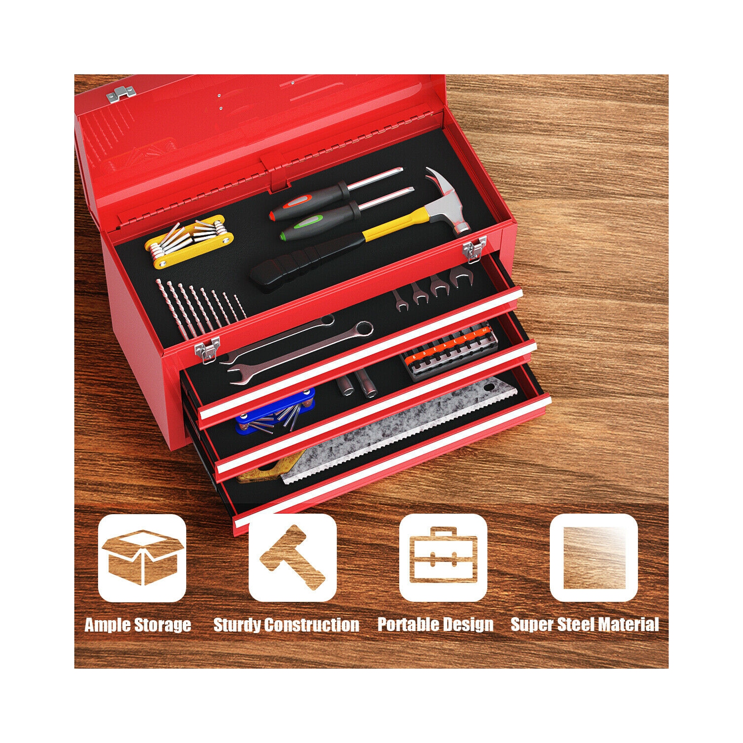 Costway Portable Tool Chest Box Storage Cabinet Garage Mechanic Organizer 3 Drawers Red