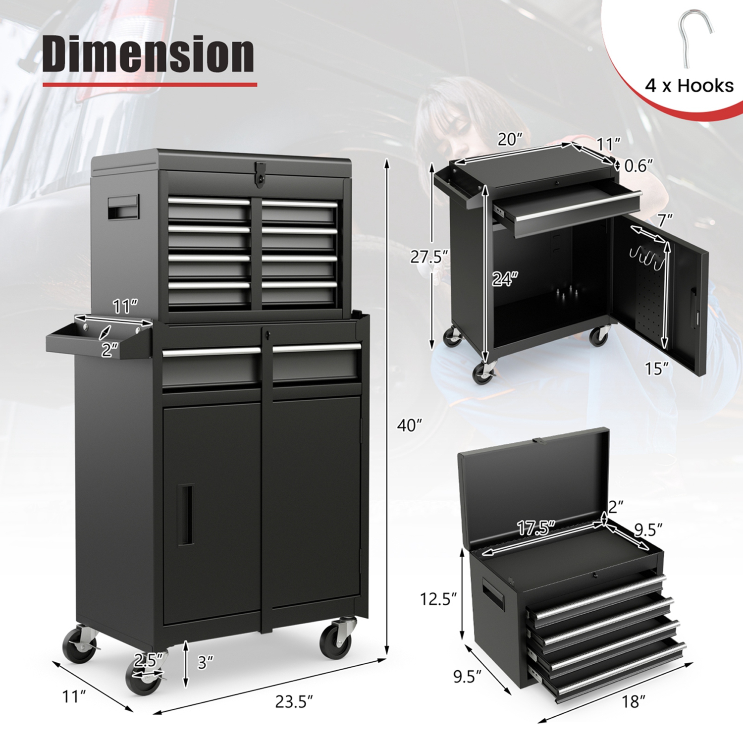 2 in 1 Tool Chest & Cabinet with 5 Sliding Drawers Rolling Garage Organizer