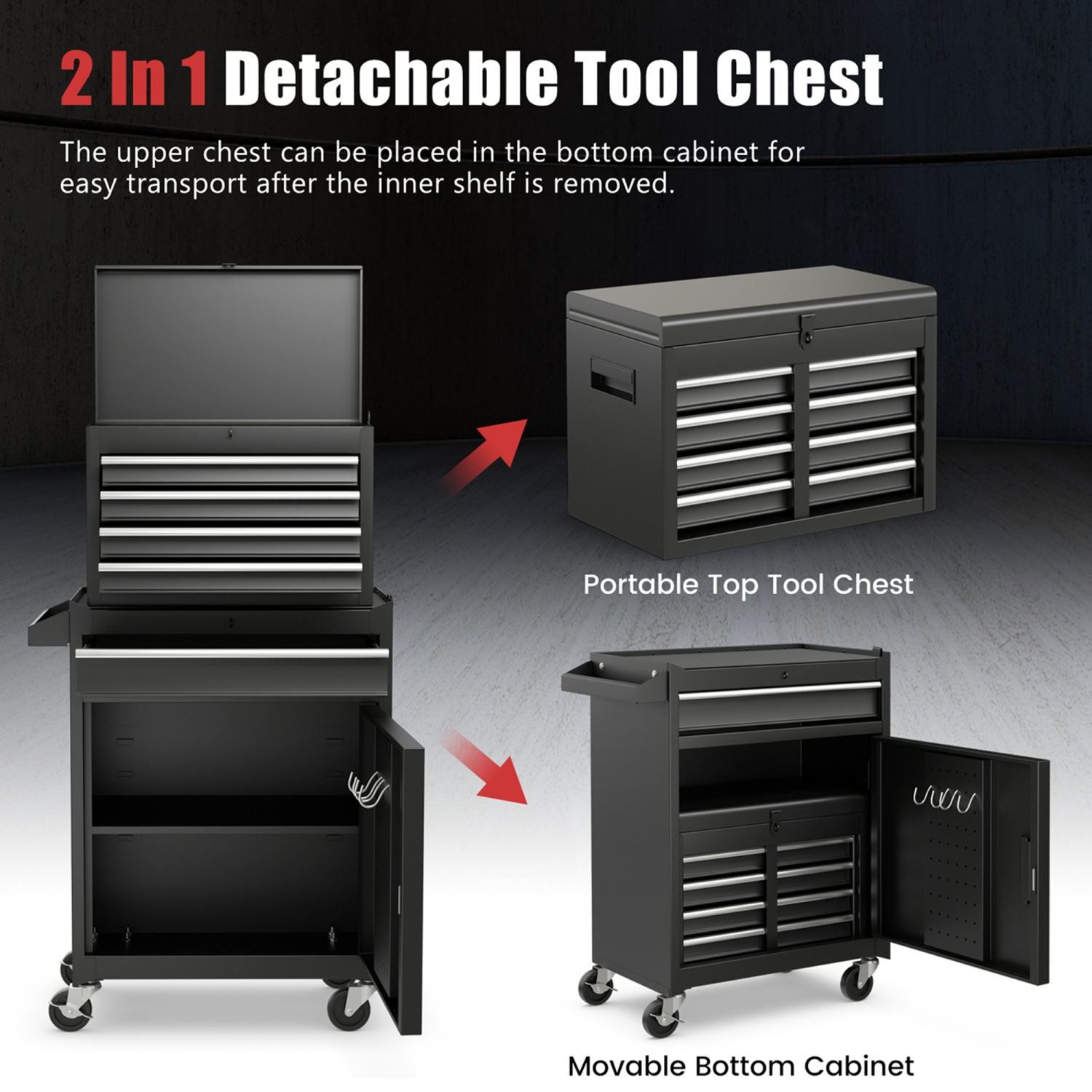 2 in 1 Tool Chest & Cabinet with 5 Sliding Drawers Rolling Garage Organizer