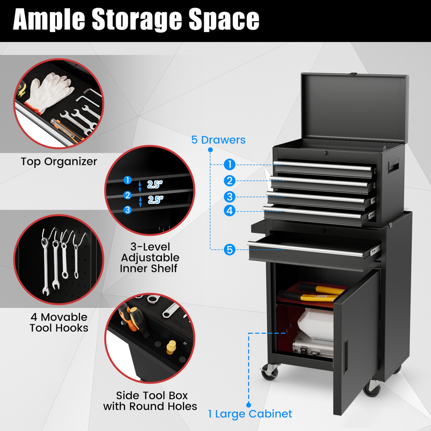 2 in 1 Tool Chest & Cabinet with 5 Sliding Drawers Rolling Garage Organizer