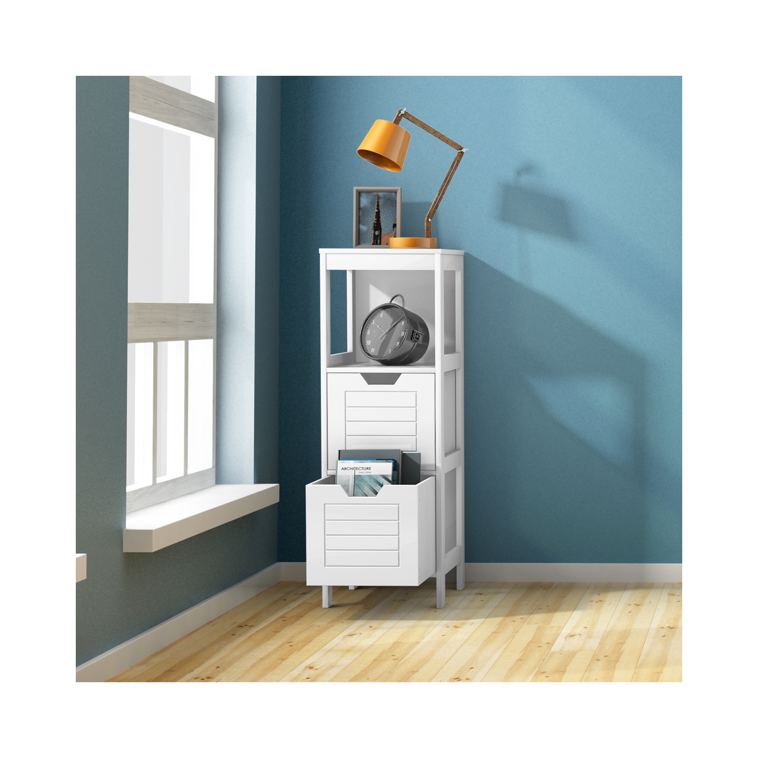 Costway Bathroom Wooden Floor Cabinet Multifunction Storage Rack Stand Organizer Bedroom