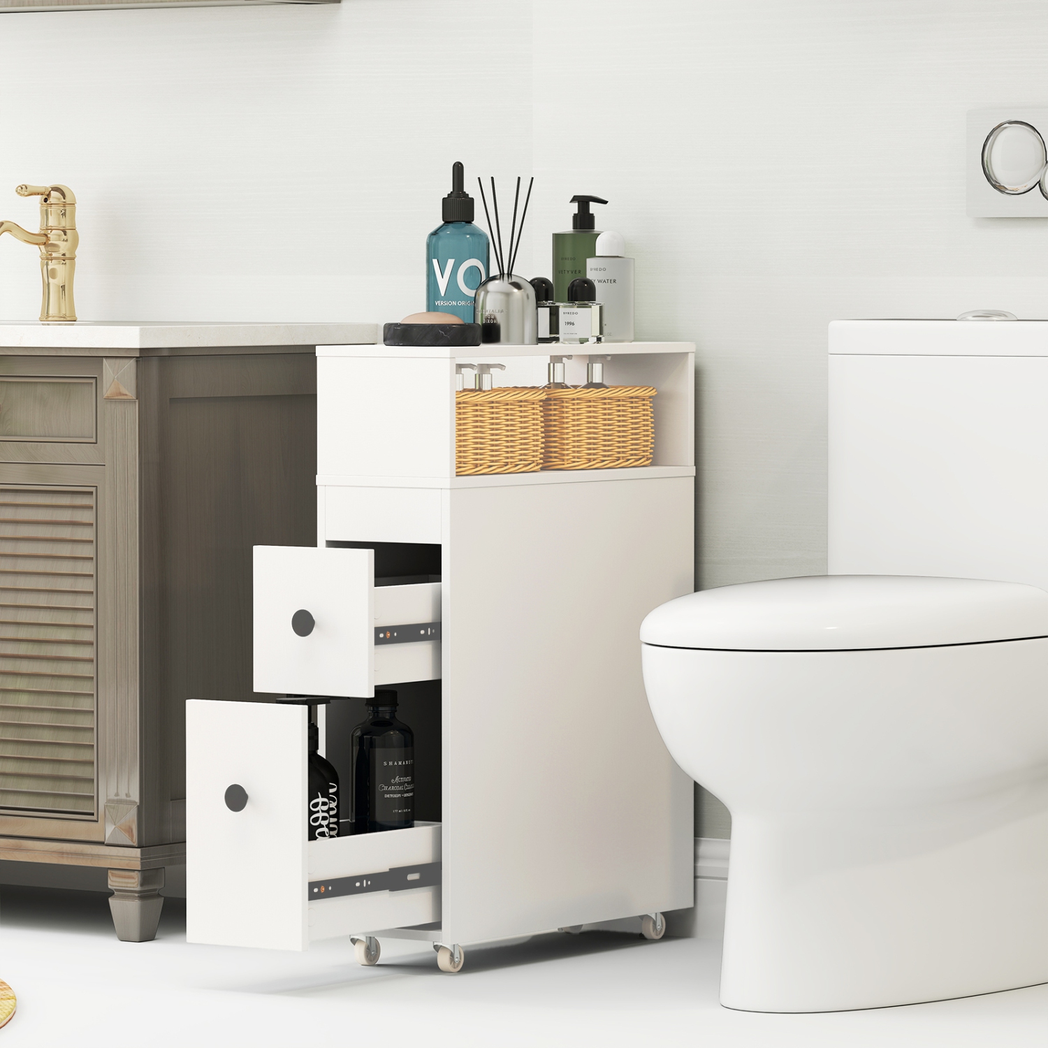 Costway Movable Bathroom Storage Cabinet Narrow Toilet Side Paper Holder w/ 2 Drawers