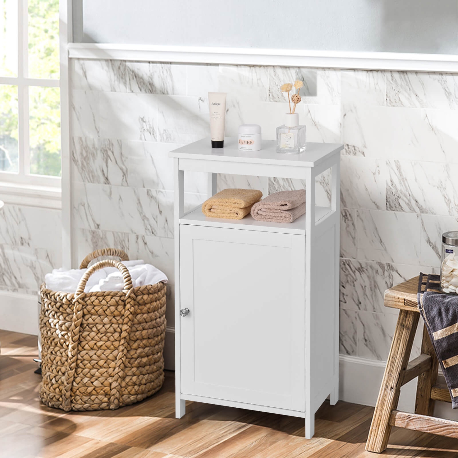 Costway Bathroom Wooden Floor Cabinet Multifunction Storage Rack Organizer Stand