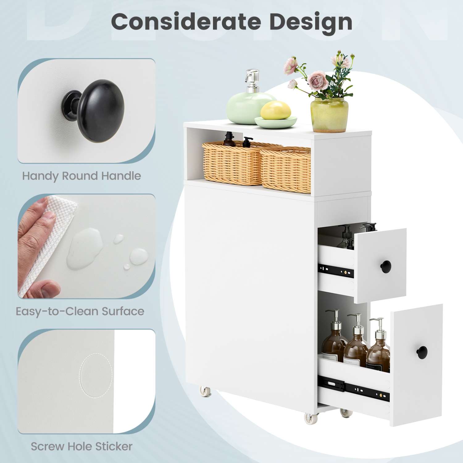 Costway Movable Bathroom Storage Cabinet Narrow Toilet Side Paper Holder w/ 2 Drawers