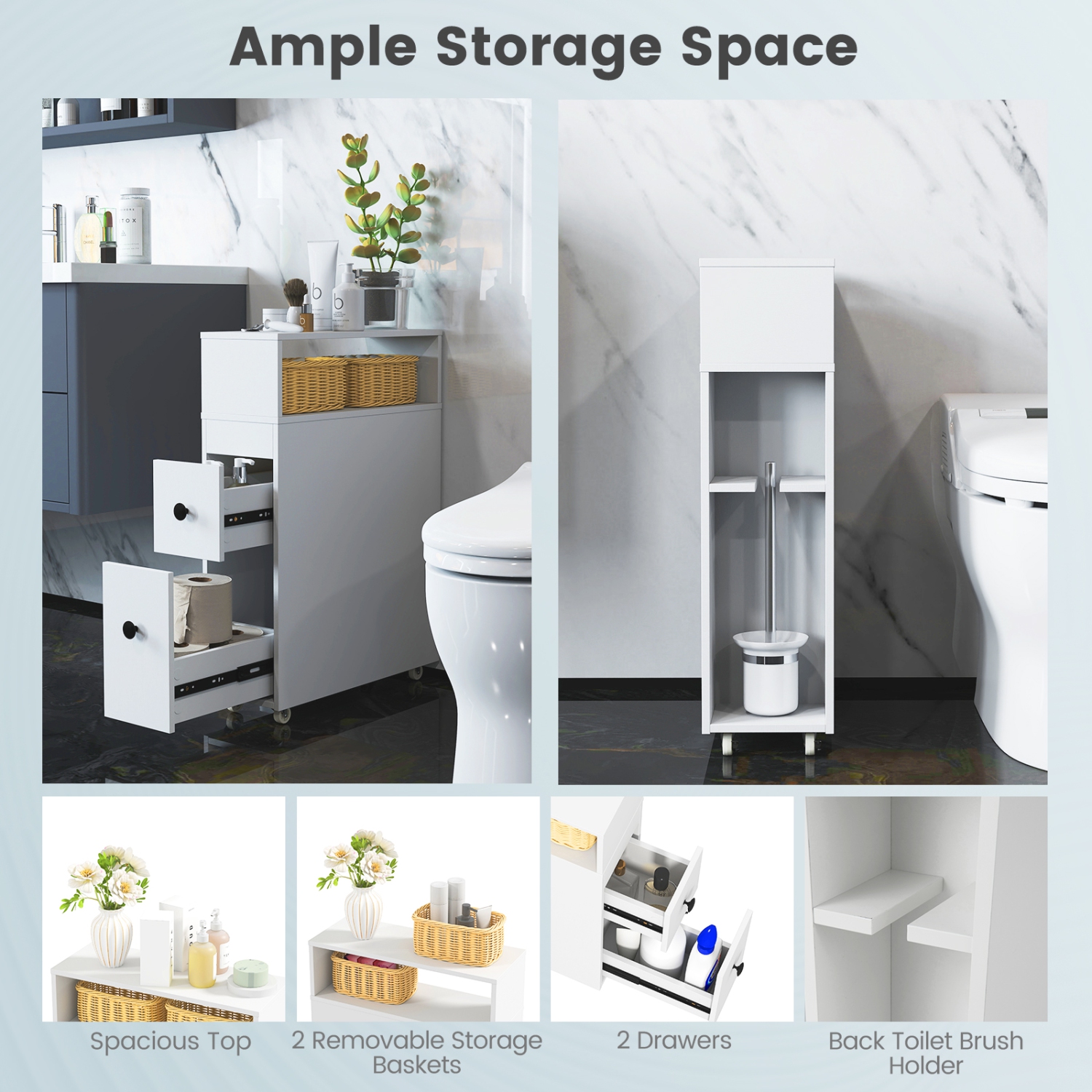 Costway Movable Bathroom Storage Cabinet Narrow Toilet Side Paper Holder w/ 2 Drawers
