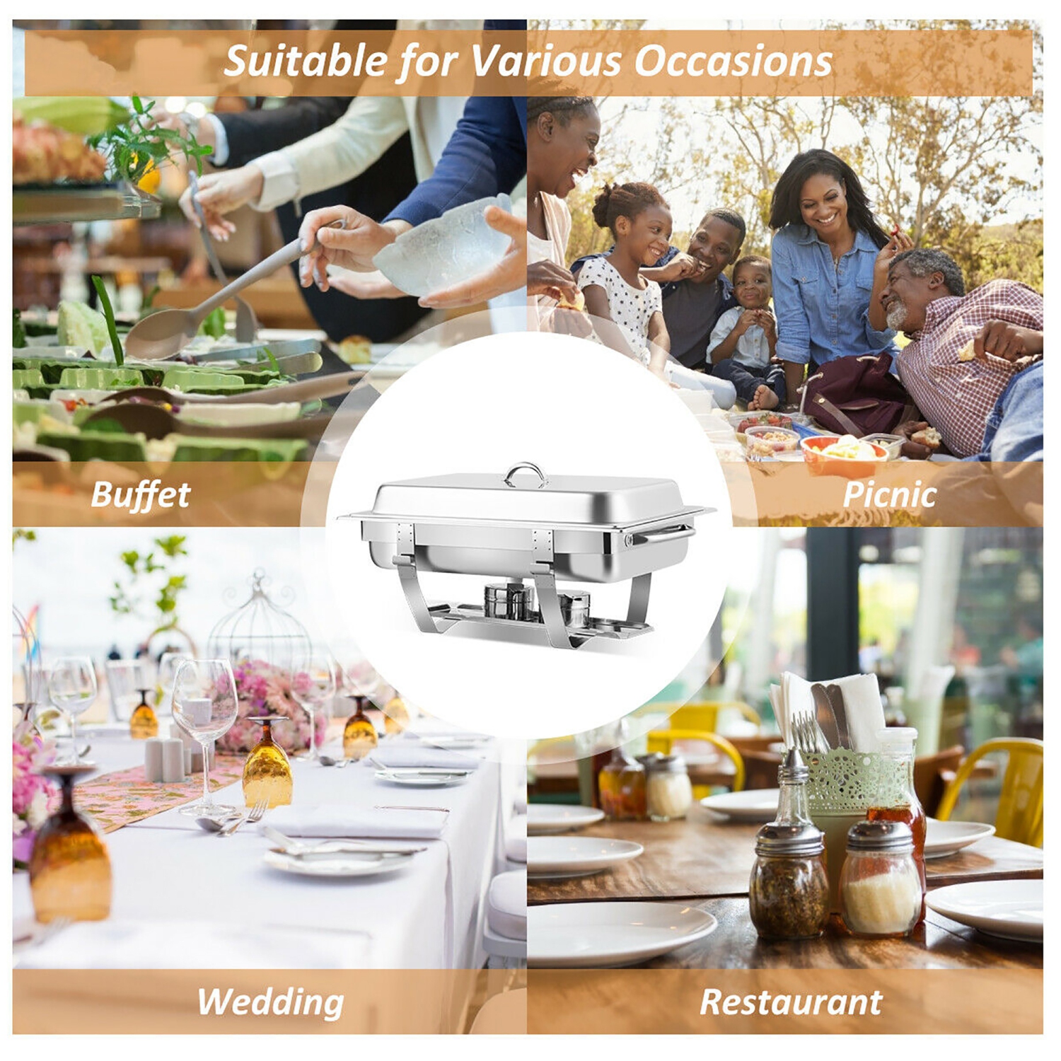 Costway 2 Packs Full Size Chafing Dish 9 Quart Stainless Steel Rectangular Chafer Buffet