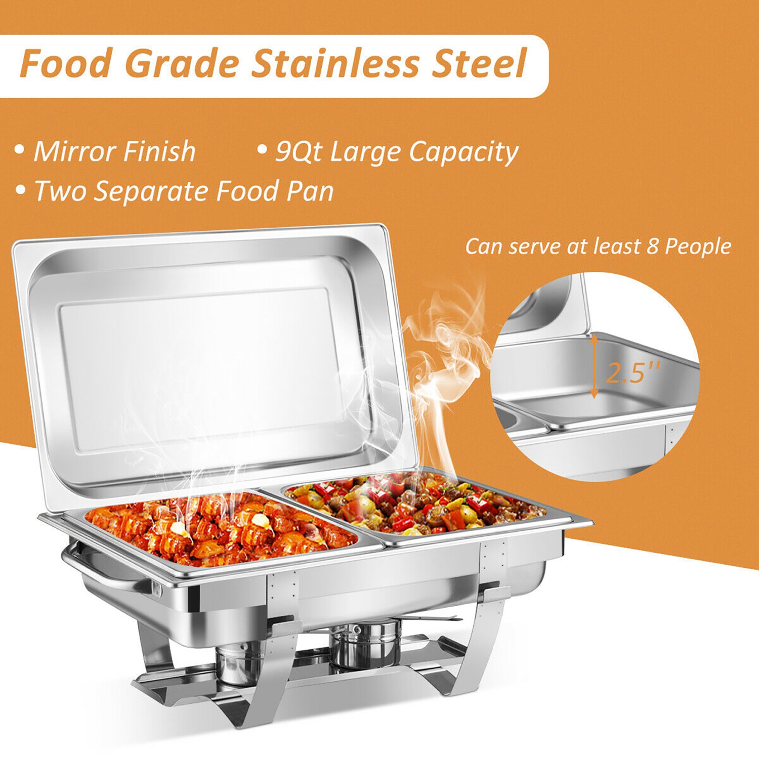 Costway 2 Packs Full Size Chafing Dish 9 Quart Stainless Steel Rectangular Chafer Buffet