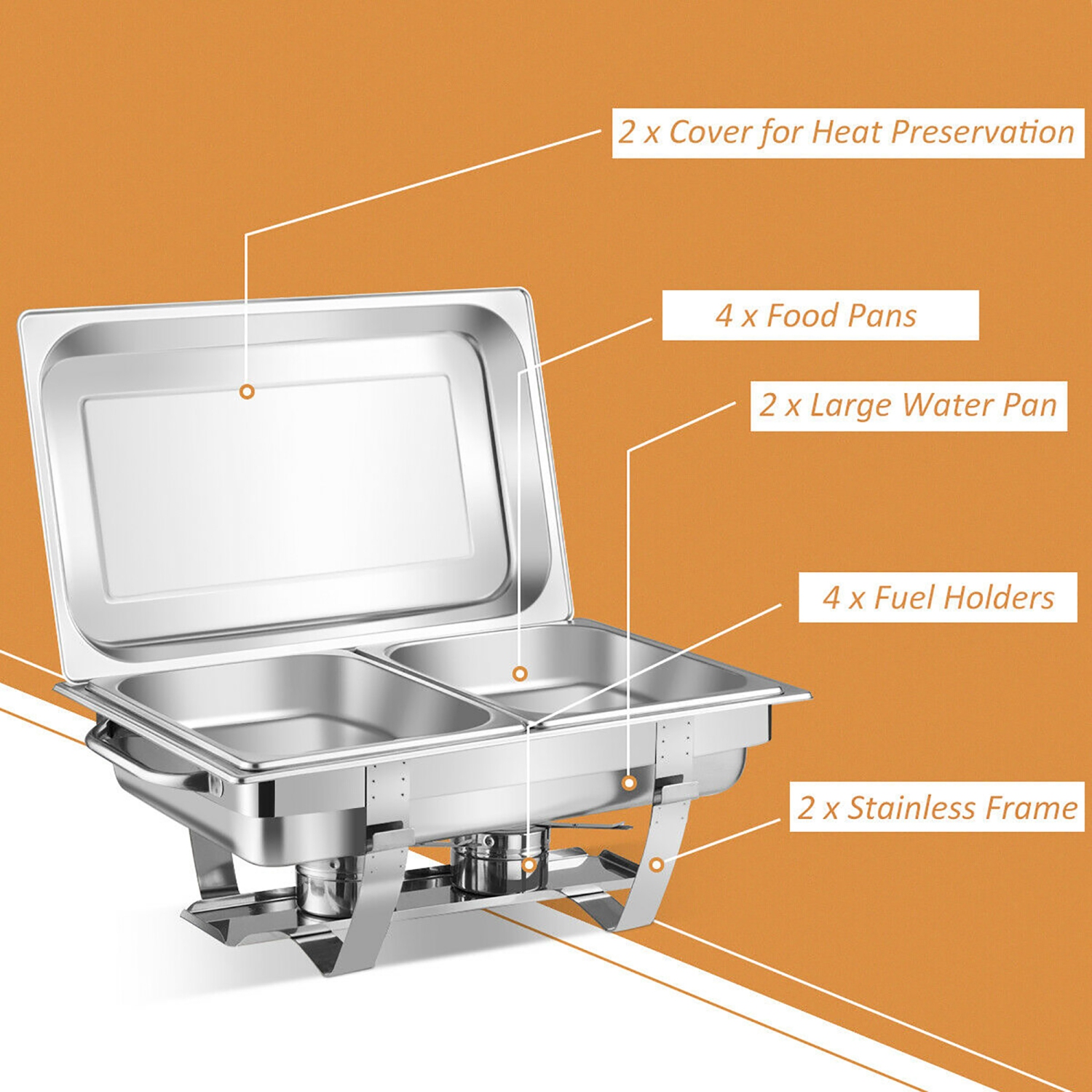 Costway 2 Packs Full Size Chafing Dish 9 Quart Stainless Steel Rectangular Chafer Buffet